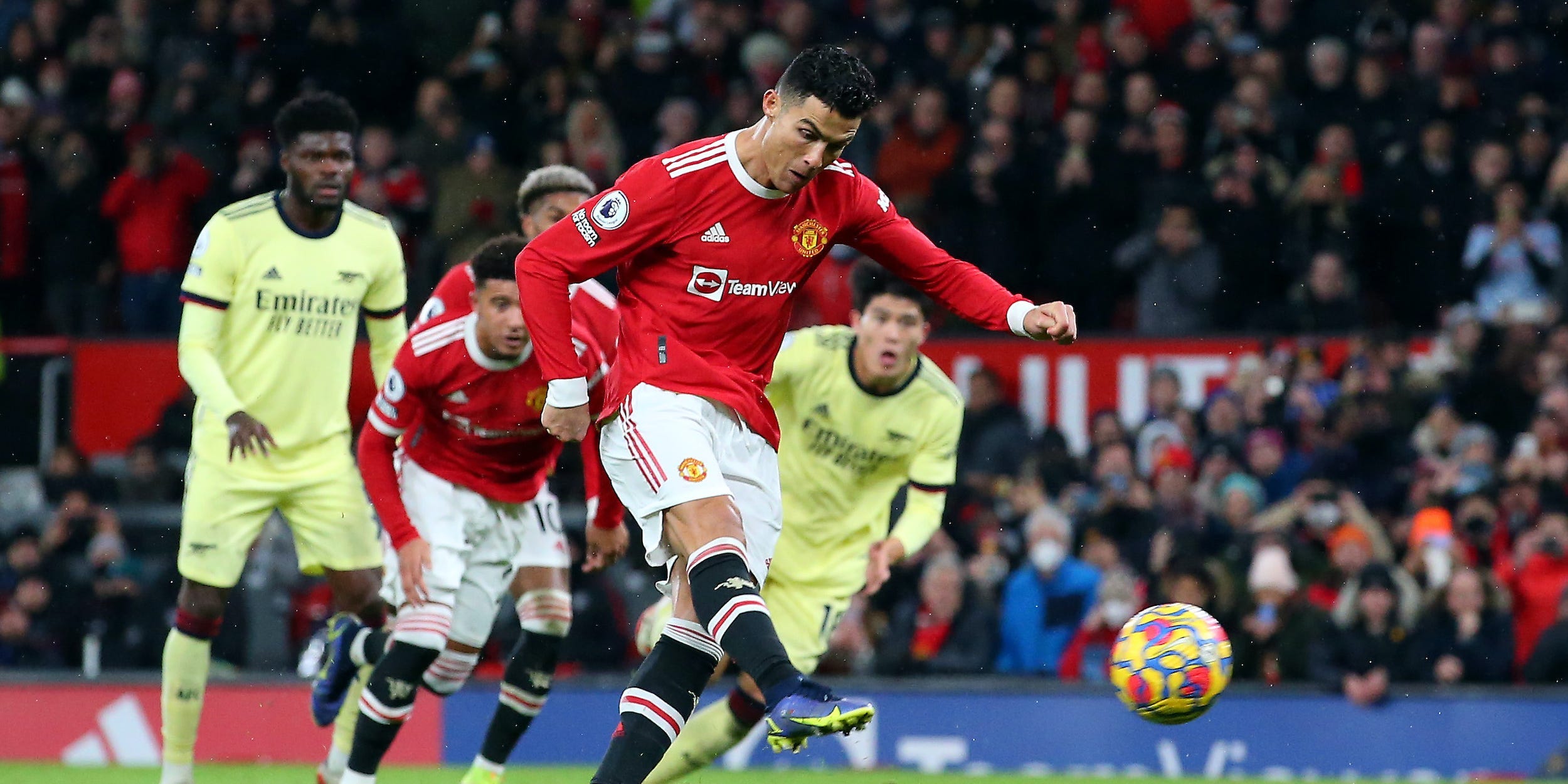 Cristiano Ronaldo scores a penalty for Manchester United against Arsenal on December 2, 2021