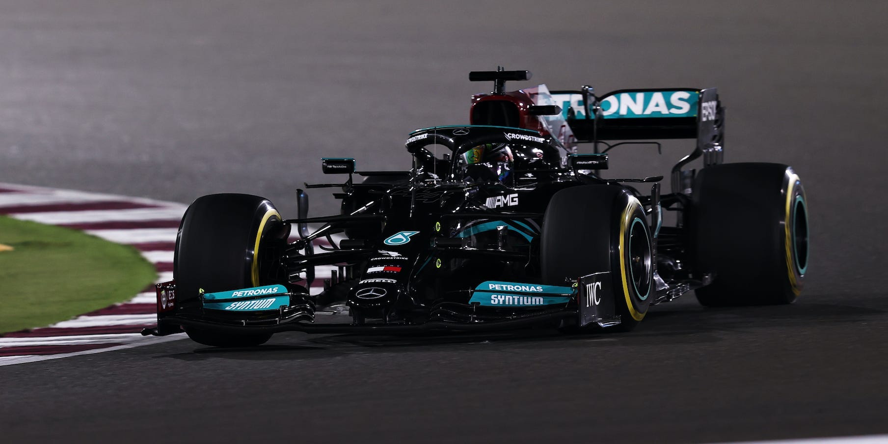 Lewis Hamilton drives his Mercedes F1 car during the 2021 Qatar Grand Prix.