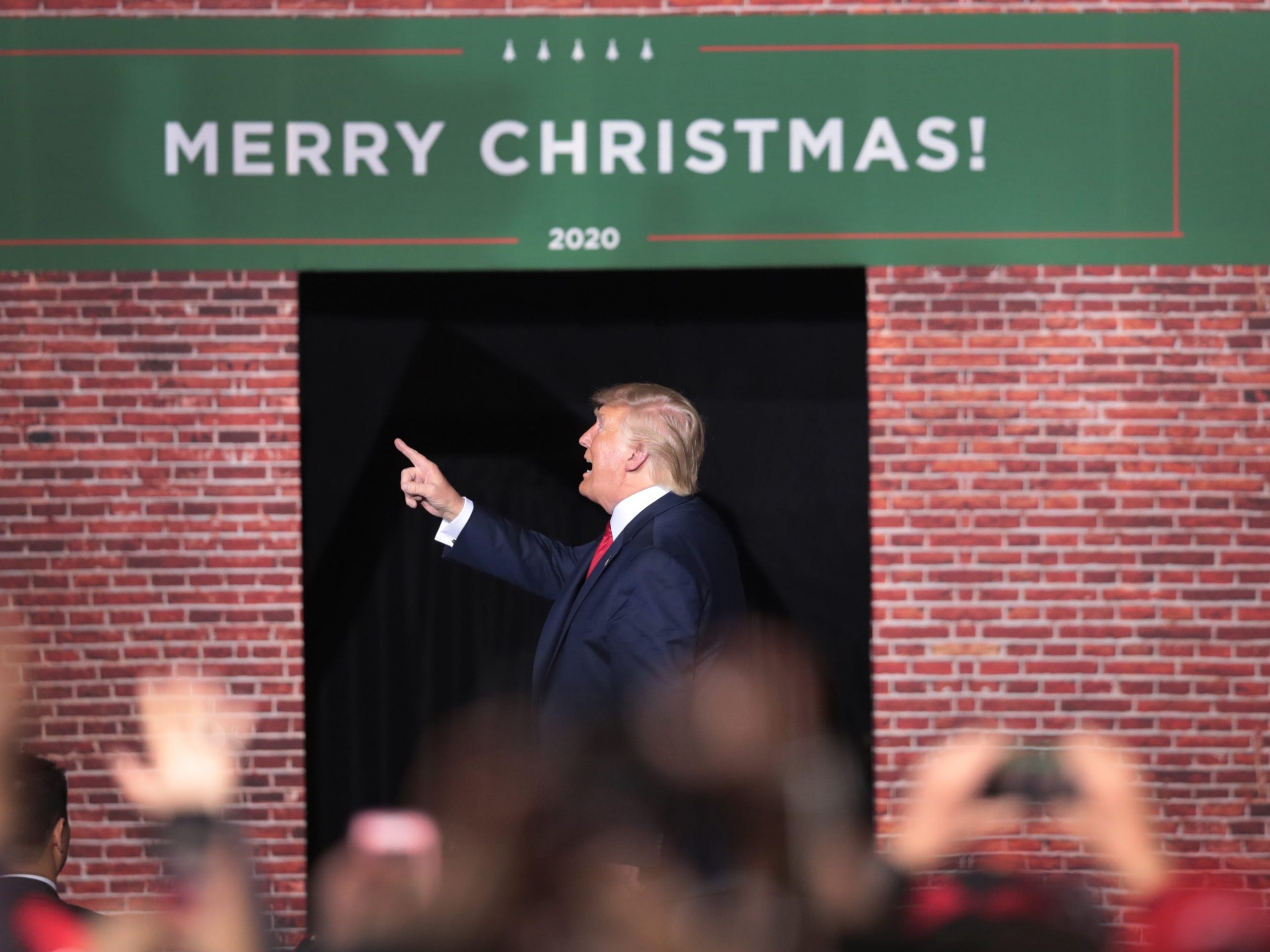 President Donald Trump leaves his Merry Christmas Rally at the Kellogg Arena on December 18, 2019 in Battle Creek, Michigan.