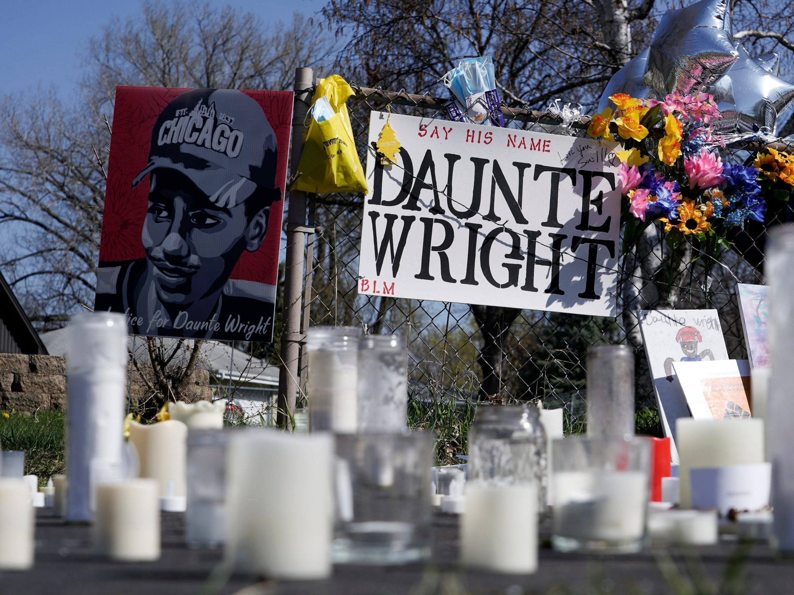 A makeshift memorial is seen Thursday, April 22, 2021, in Brooklyn Center, Minn., near the site of the fatal shooting of Daunte Wright by a police officer during a traffic stop.