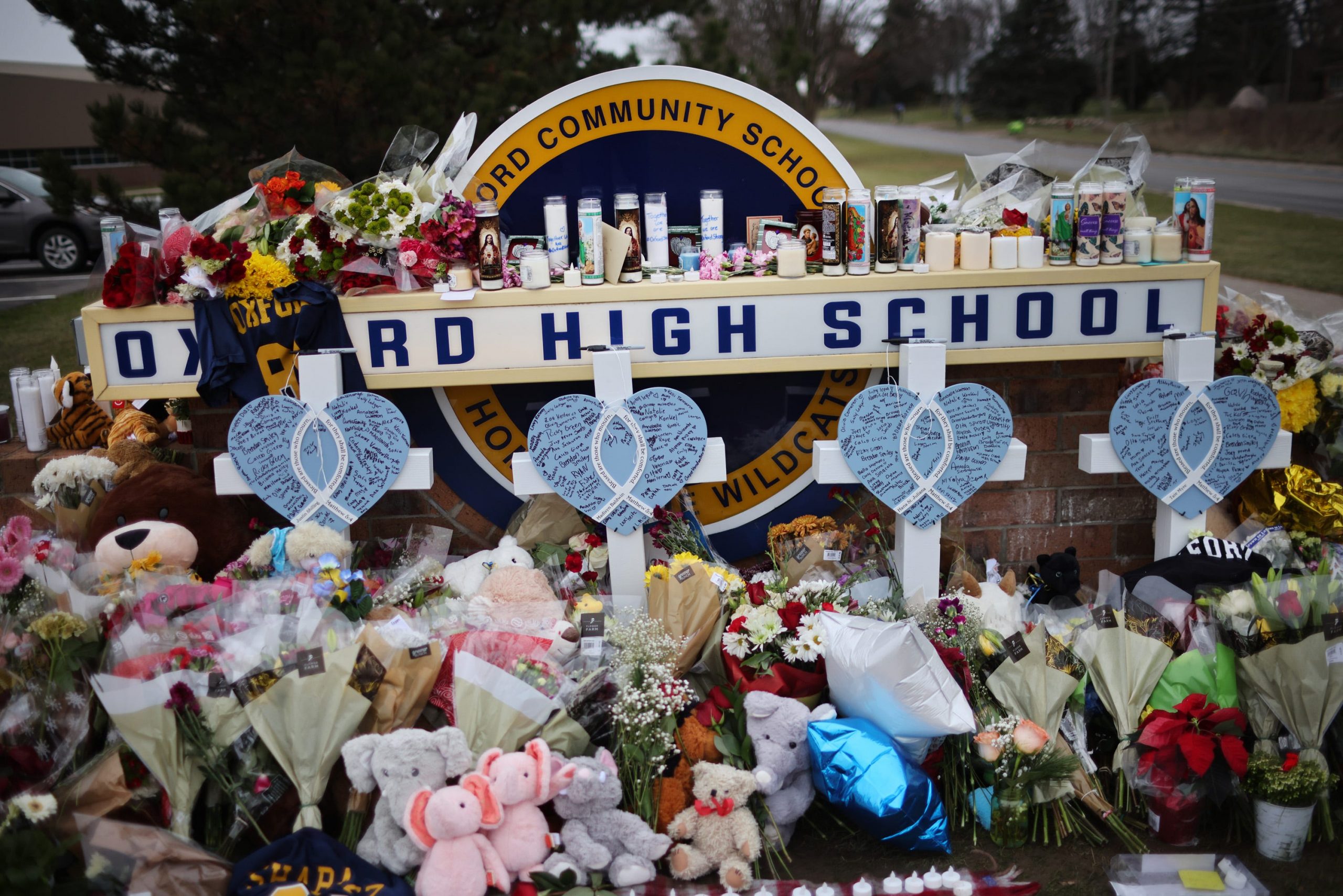 A memorial outside of Oxford High School continues to grow on December 03 2021 in Oxford, Michigan.