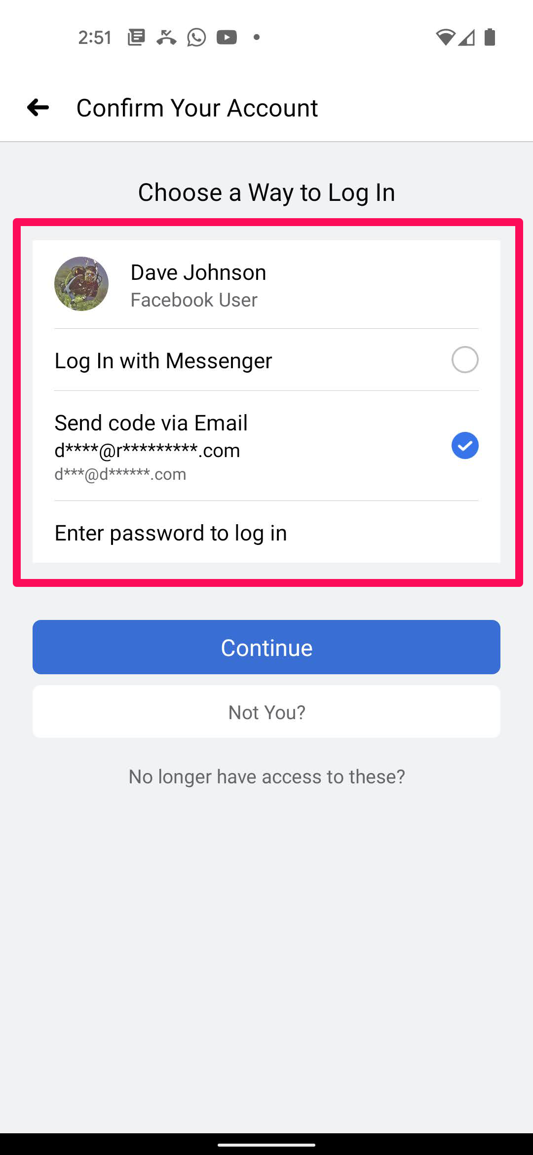 Facebook recover account on Android