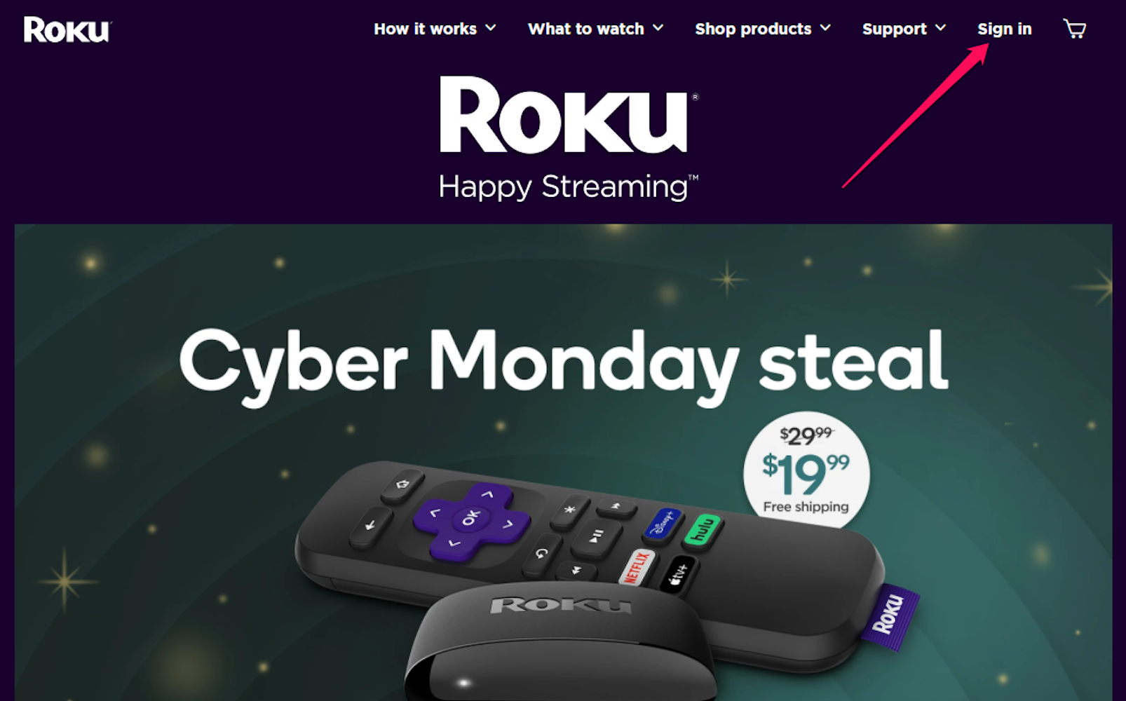 Screenshot of sign in button on Roku webssite