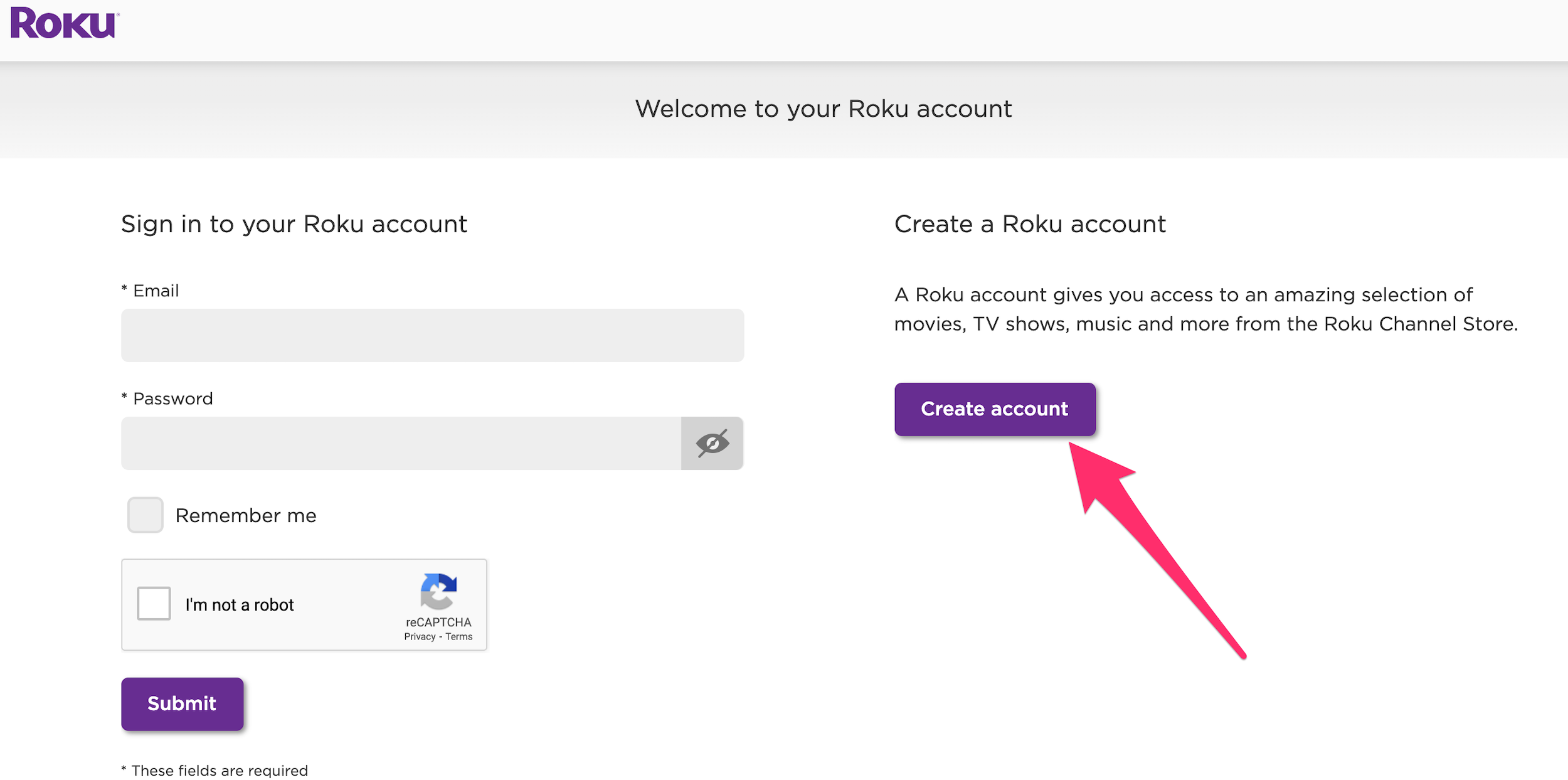 Screenshot of create account button on Roku website