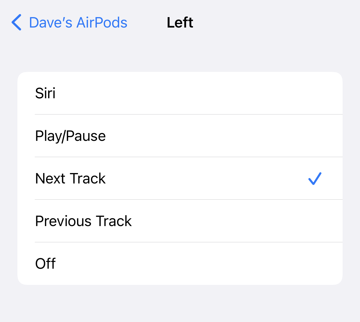 Screenshot of AirPods left ear settings on iPhone