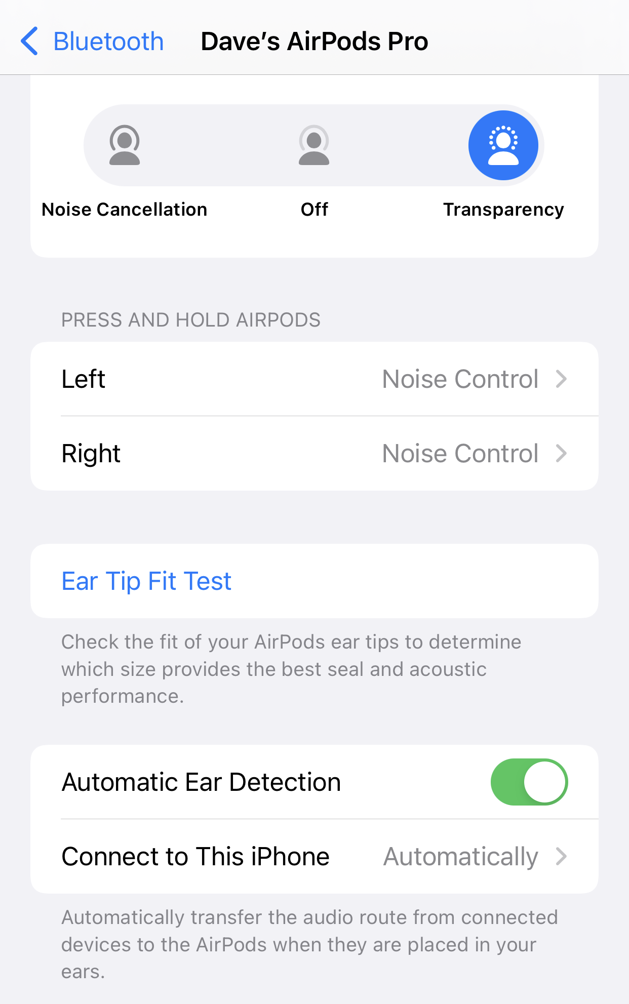 Screenshot of AirPods Pro settings on iPhone