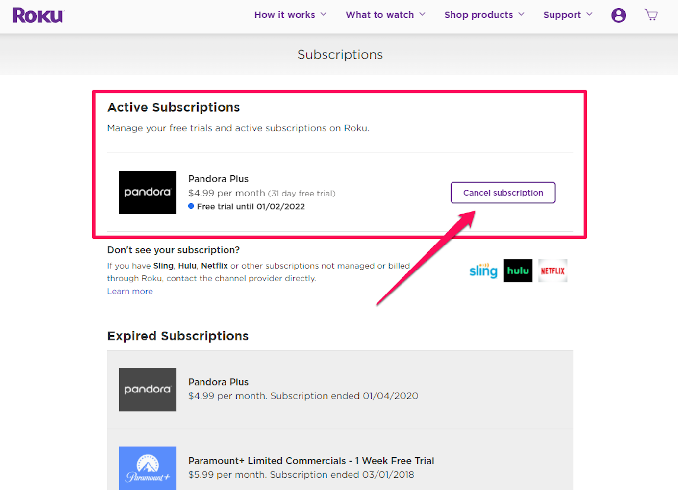 Screenshot of the account page on the Roku website