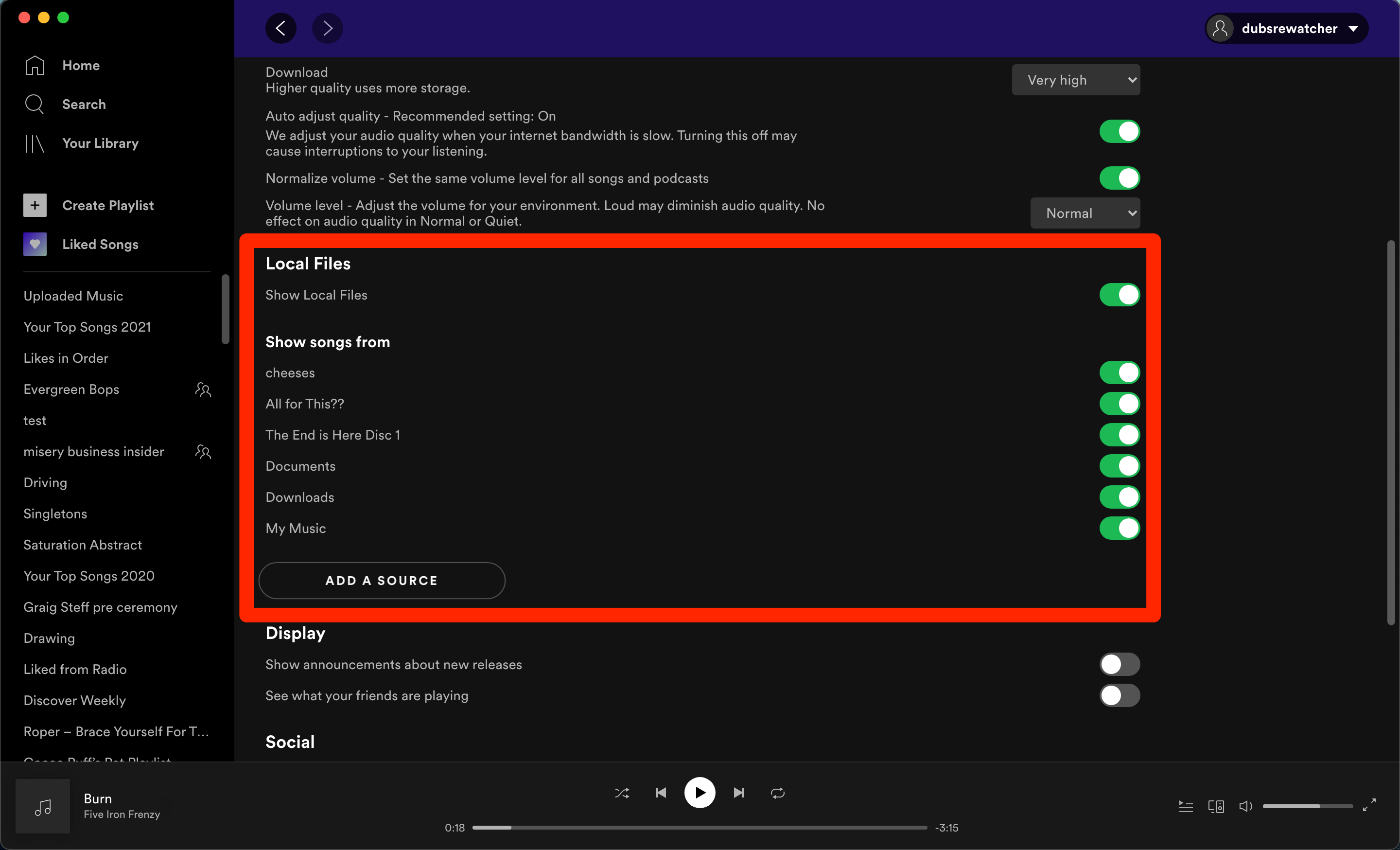 The Settings page in Spotify, with the Local Files option highlighted.