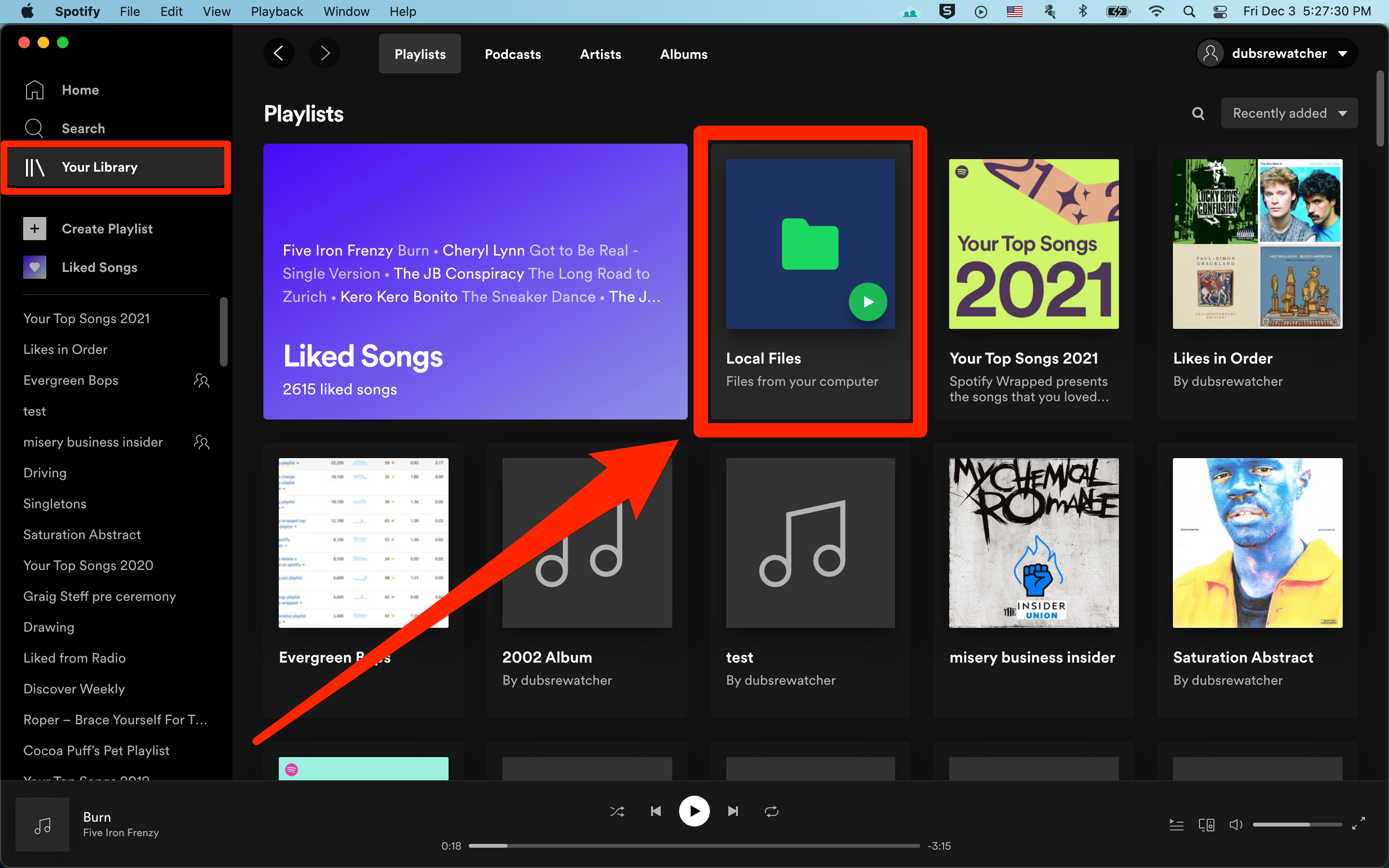 The Your Library page in the Mac Spotify app. The Local Files playlist is highlighted.