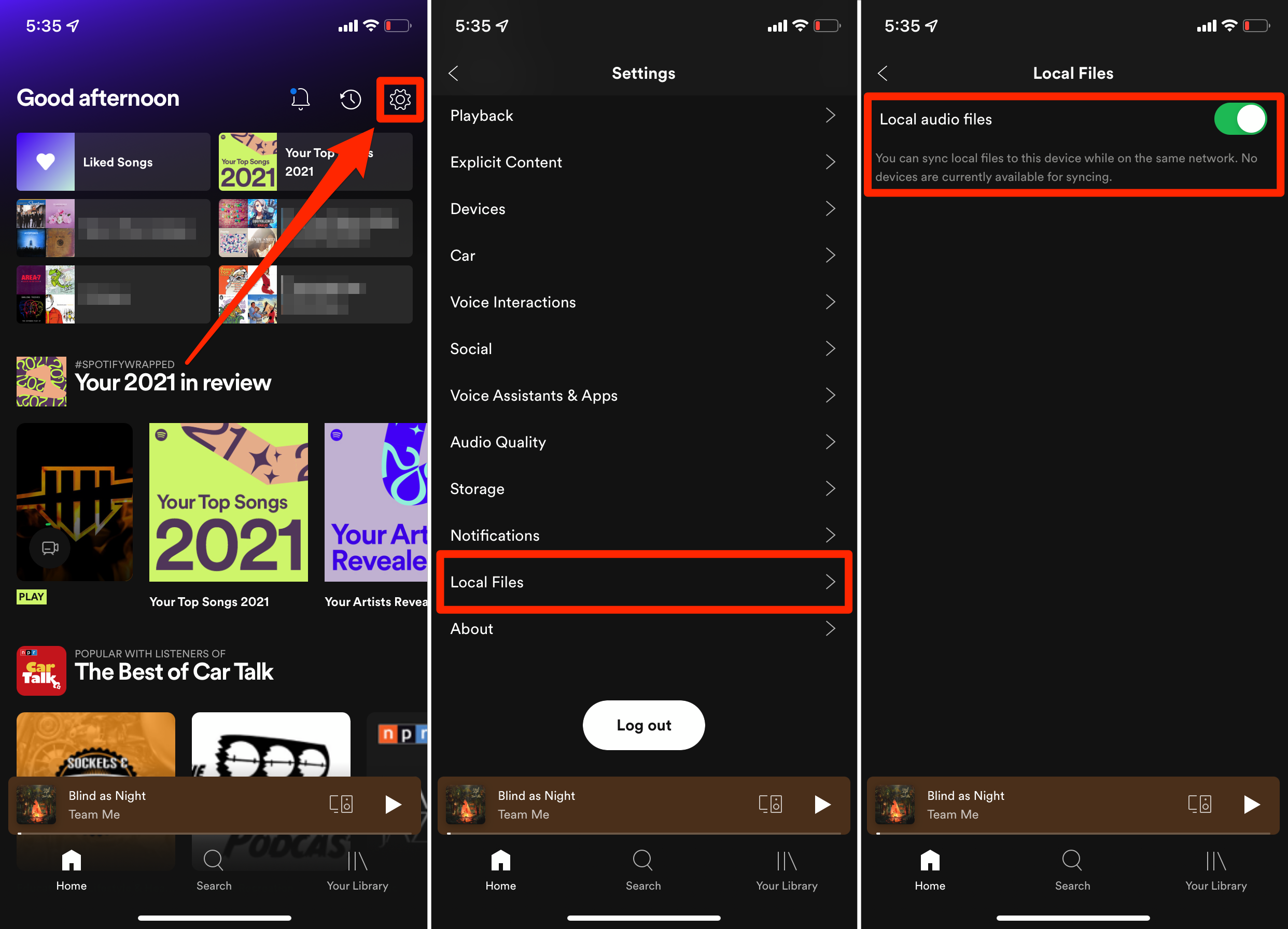 Three images showing how to open the iPhone Spotify app's settings and enable Local Files.