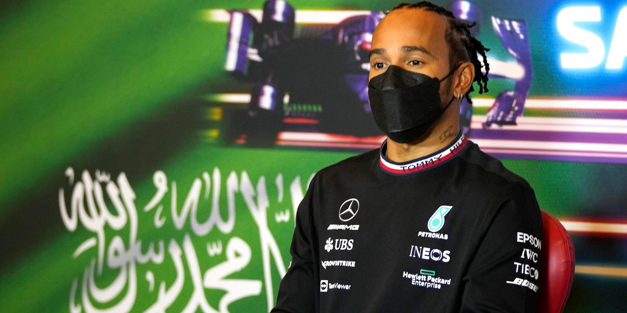 Lewis Hamilton of Great Britain and Mercedes GP talks in the Drivers Press Conference during previews ahead of the F1 Grand Prix of Saudi Arabia at Jeddah Corniche Circuit on December 02, 2021 in Jeddah, Saudi Arabia.