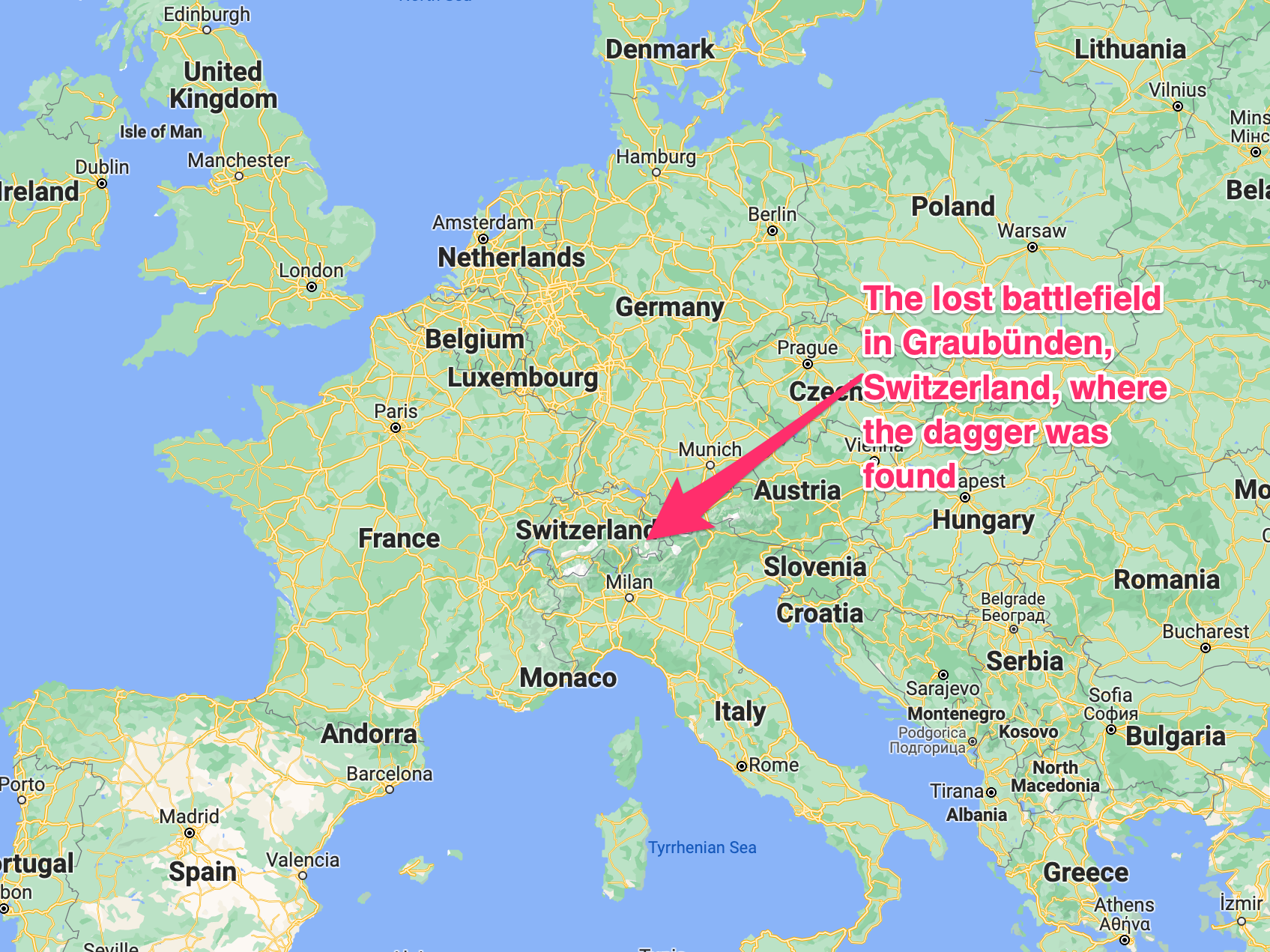 A map showing the area of Switzerland where the dagger was uncovered