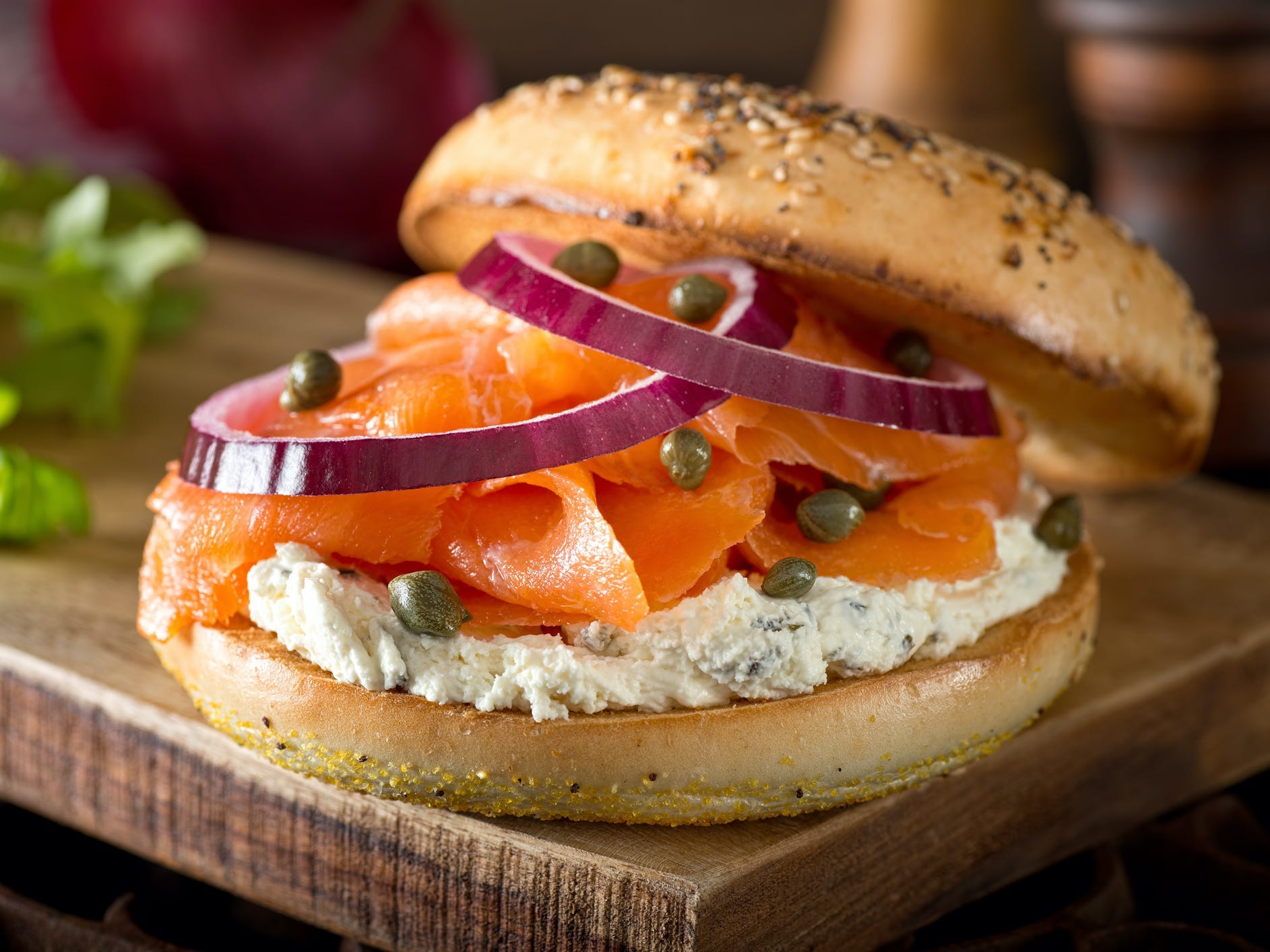 A bagel with cream cheese and lox.