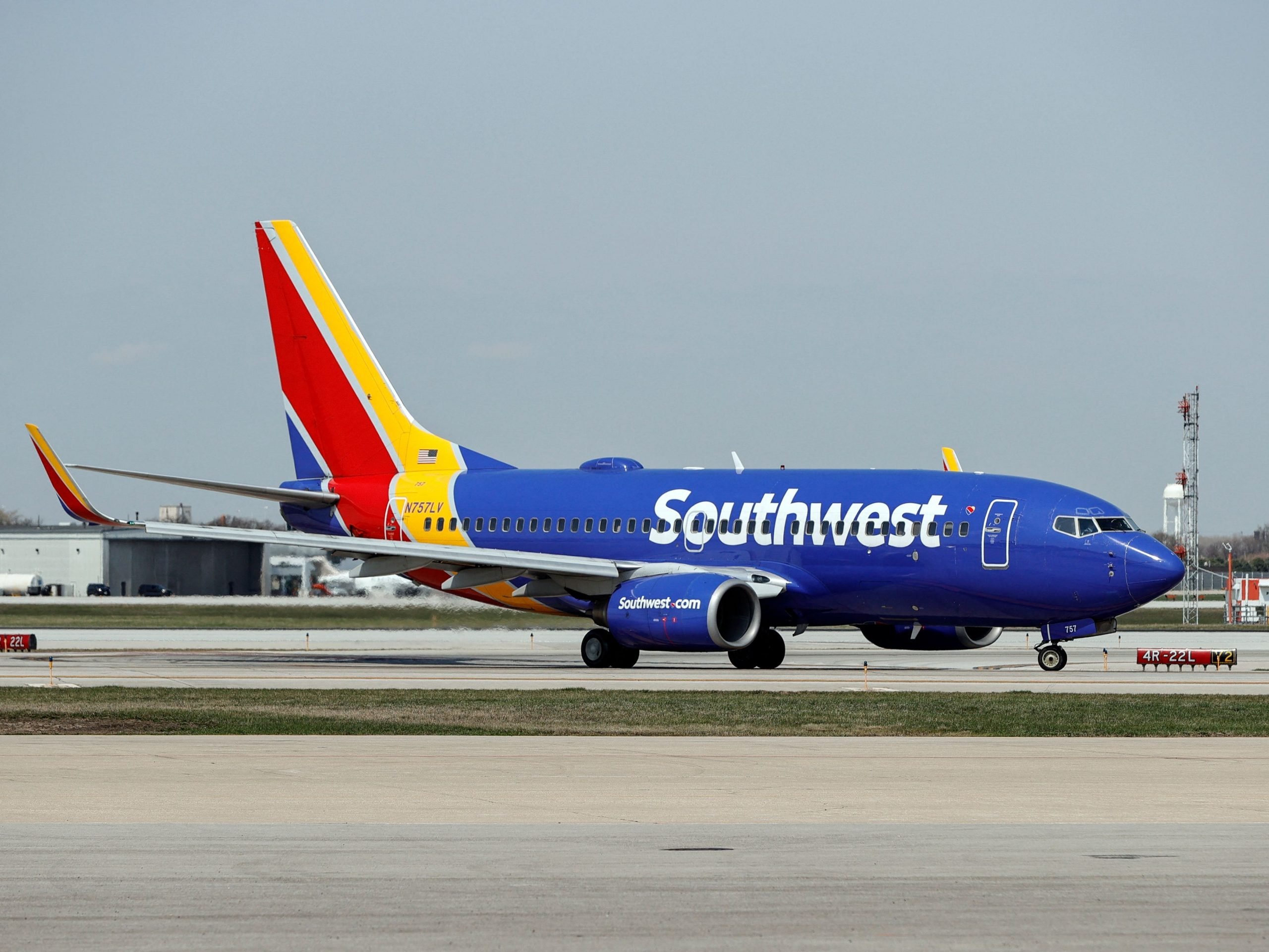 A Southwest Airlines Boeing 737-7H4 jet taxis to the gate