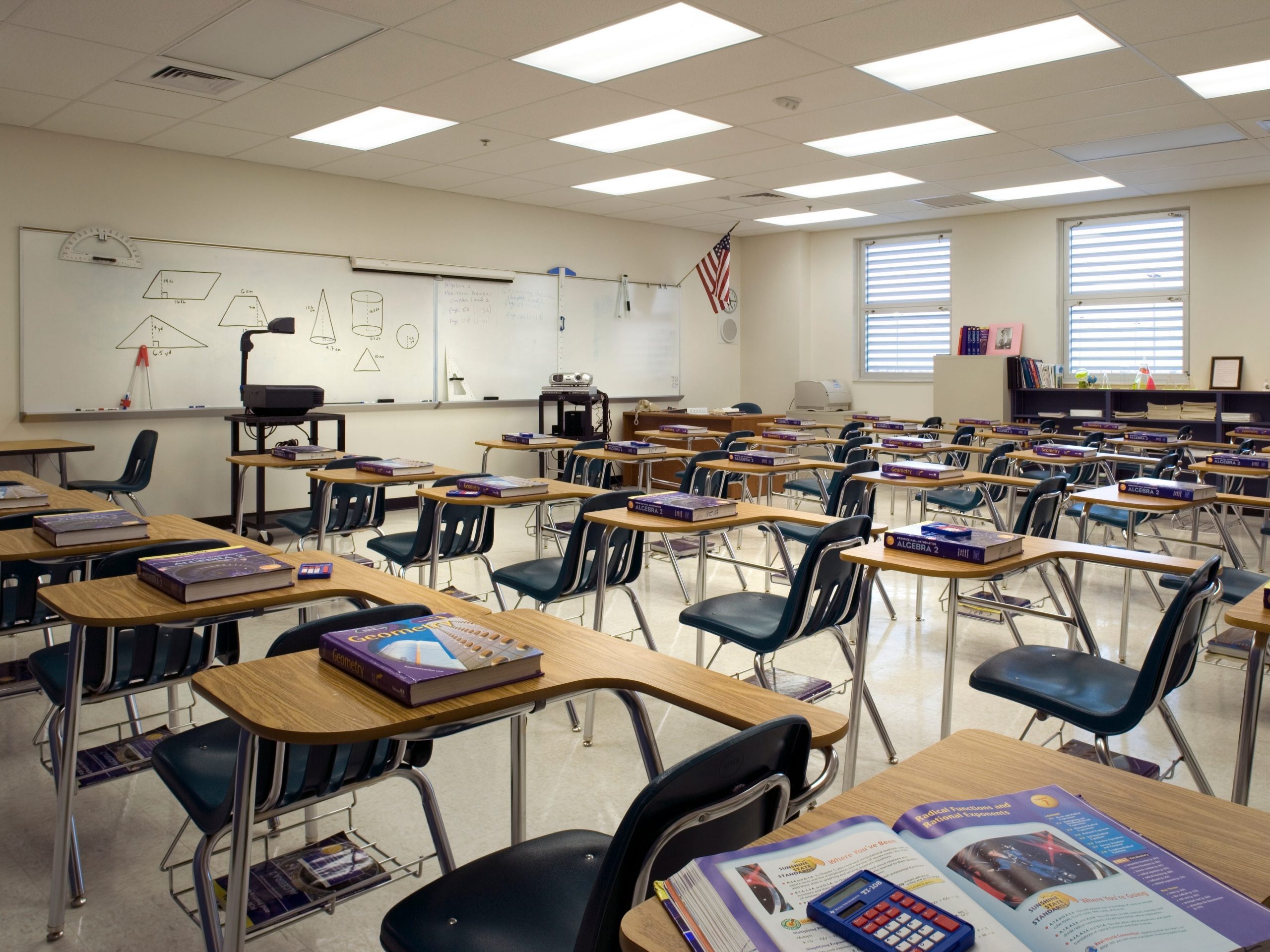 An empty high school classroom.