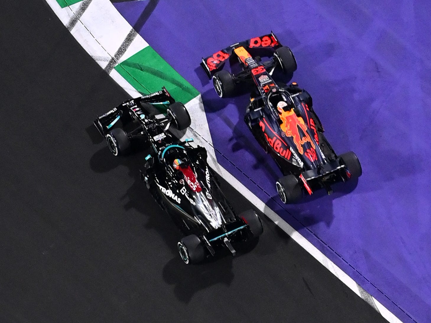 Lewis Hamilton and Max Verstappen during the Saudi Arabia Grand Prix.