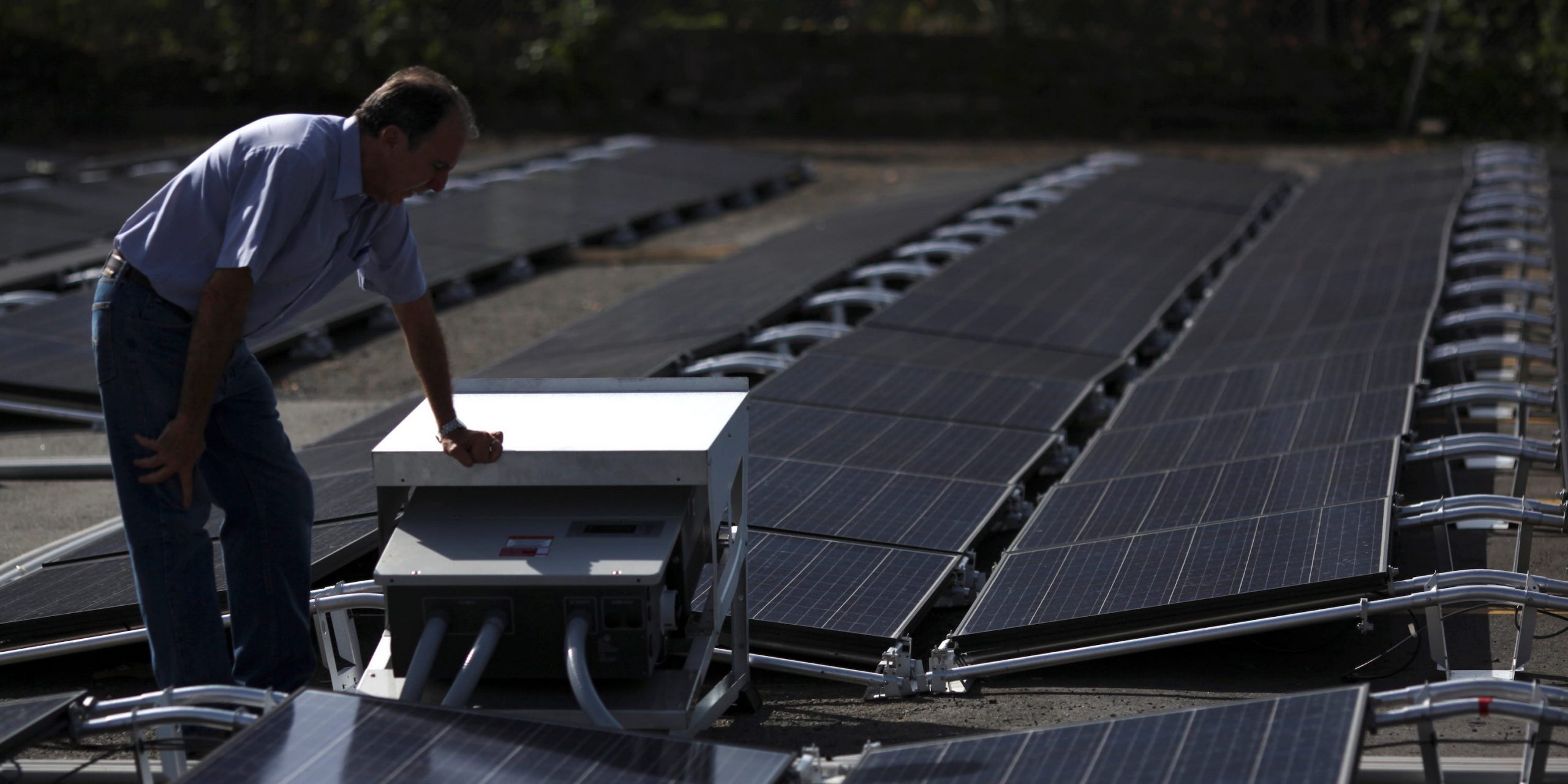 Tesla solar panels on top of a hospital roof in San Juan, Puerto Rico.