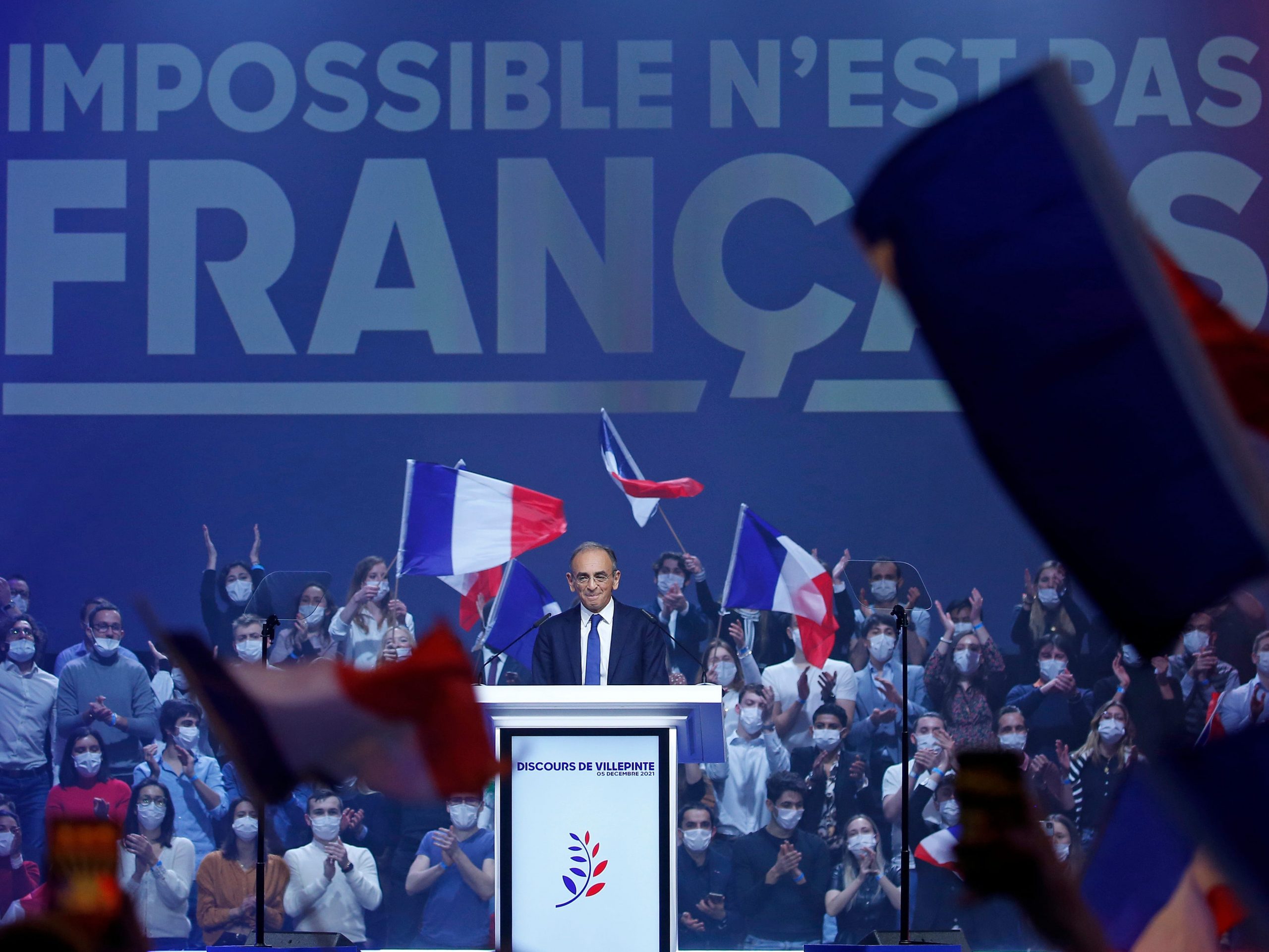 French far-right polemicist and 2022 French presidential candidate Eric Zemmour delivers a speech during his first campaign meeting on December 05, 2021 in Villepinte, France.