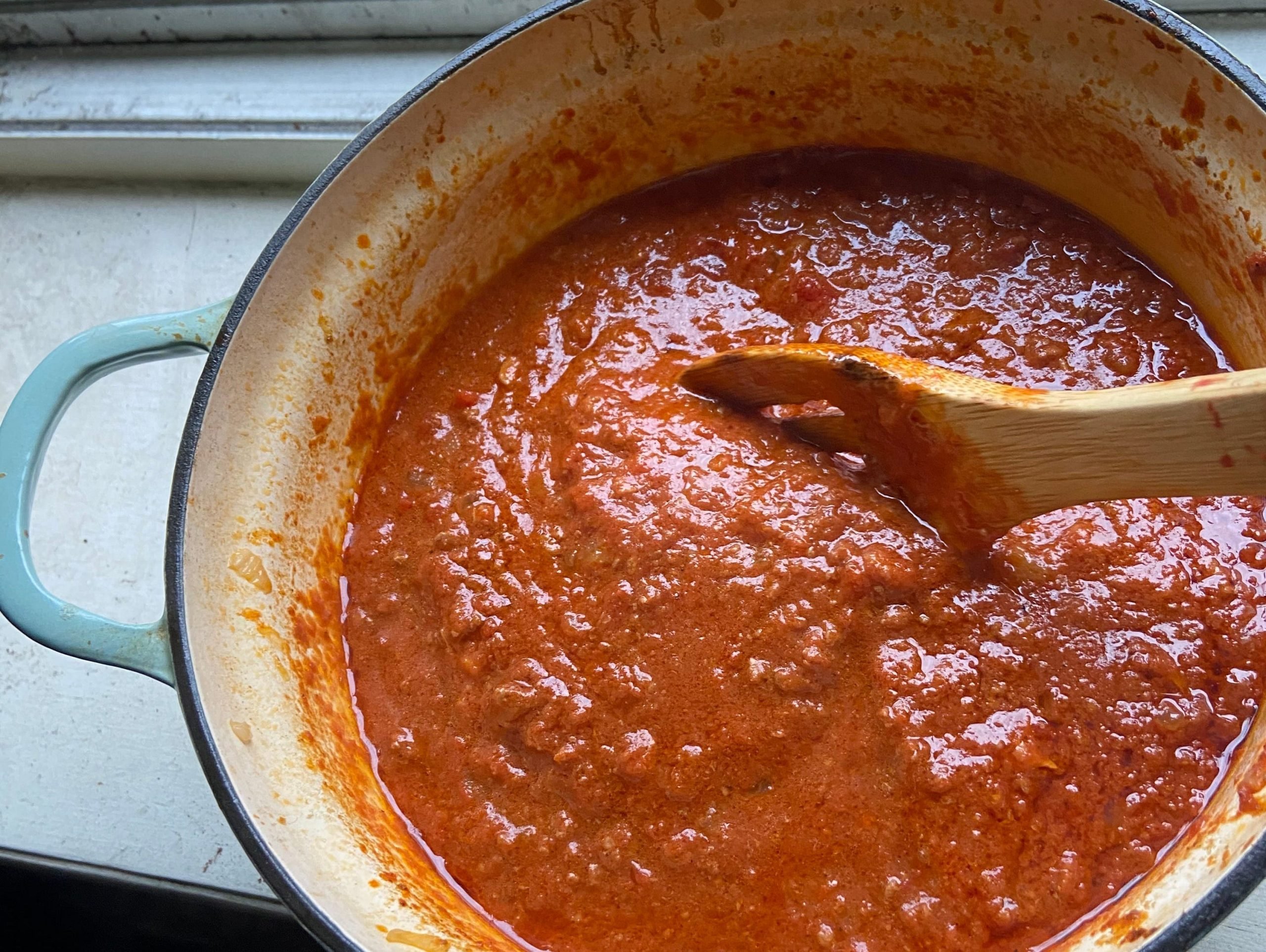 bolognese pasta sauce in a pot