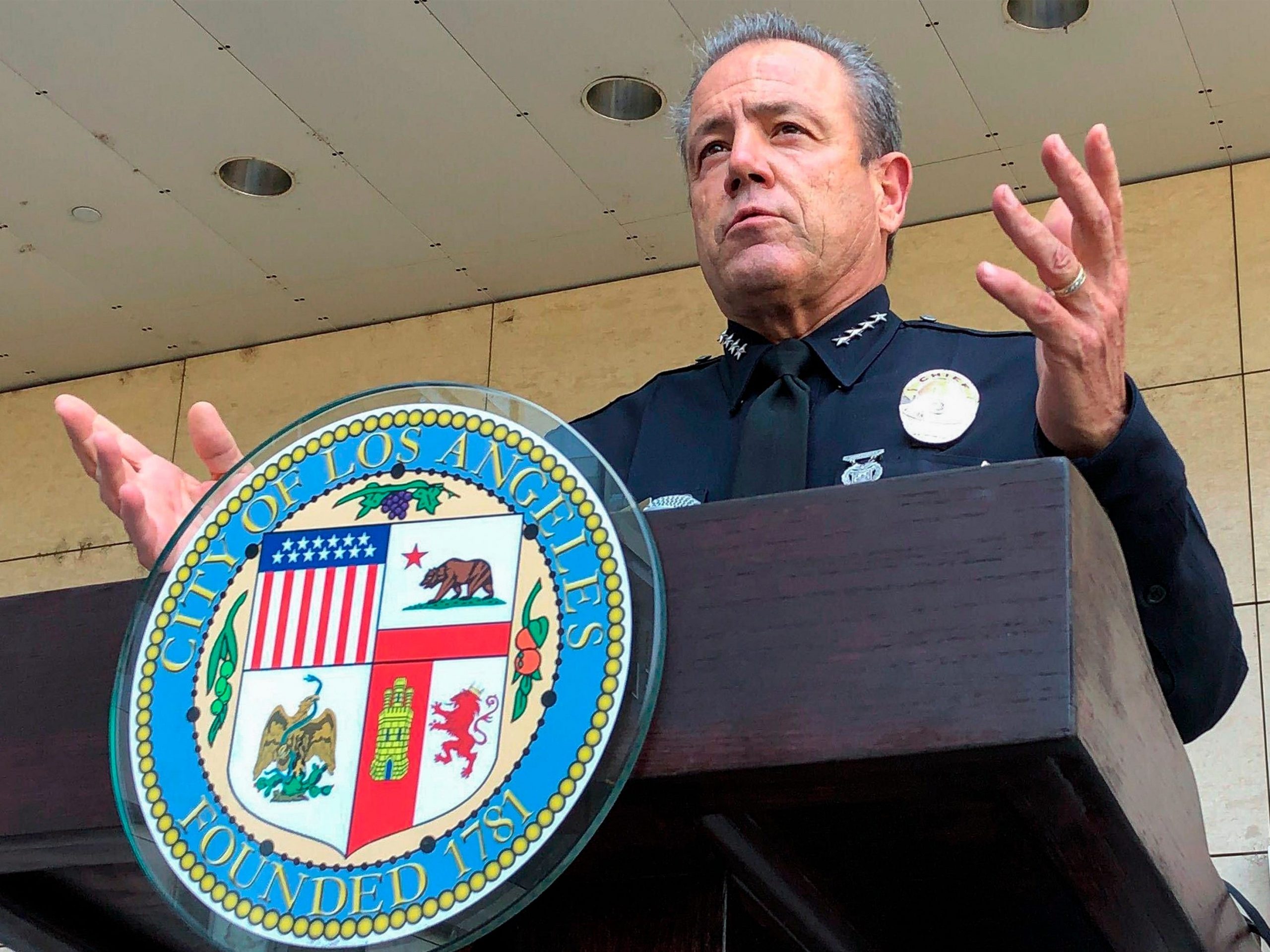 In this Aug. 26, 2020, file photo, Los Angeles Police Chief Michel Moore speaks during a news conference outside LAPD headquarters in Los Angeles.