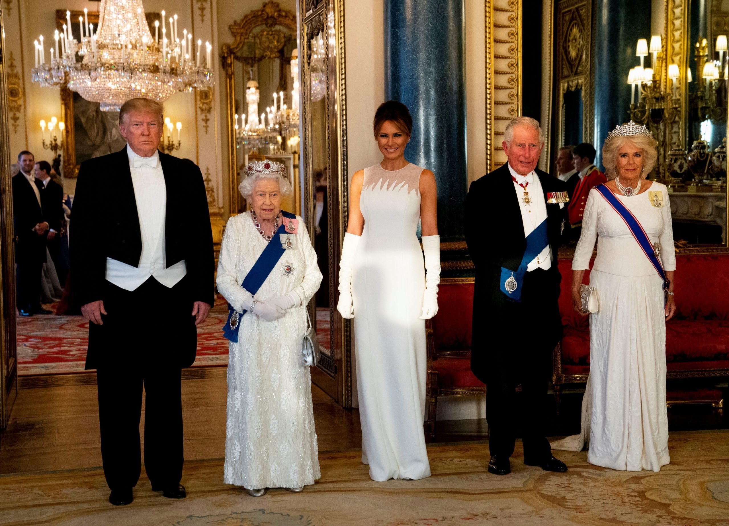 U.S. President Donald Trump, First Lady Melania Trump, Britain's Queen Elizabeth, Britain's Charles, the Prince of Wales and Camilla, Duchess of Cornwall are seen at the State Banquet at Buckingham Palace