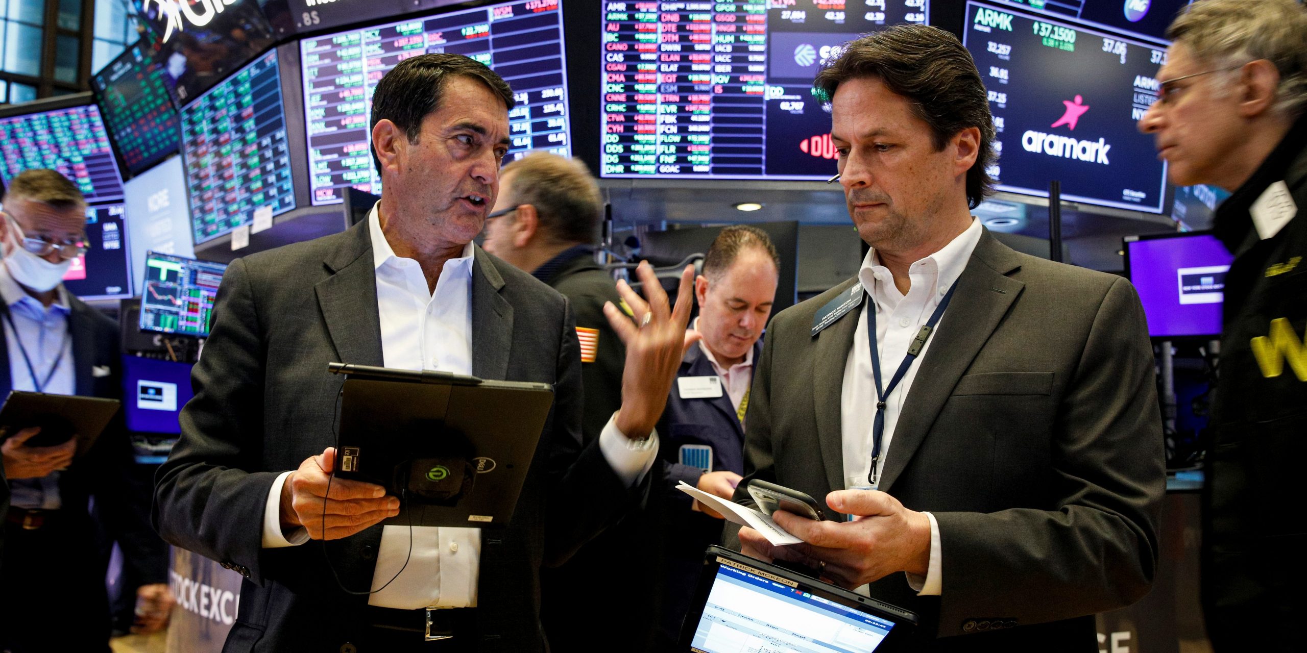 Traders work on the floor of the New York Stock Exchange (NYSE) in New York City, U.S., October 12, 2021.