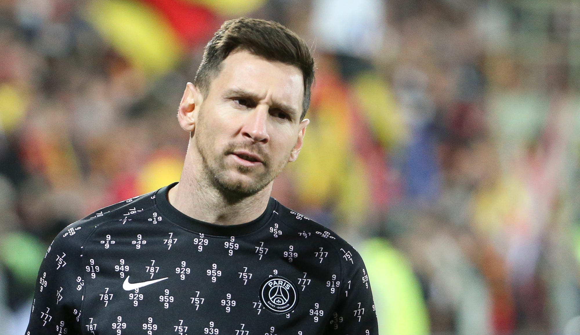 Lionel Messi of PSG during the Ligue 1 Uber Eats match between RC Lens (RCL) and Paris Saint-Germain (PSG) at Stade Bollaert-Delelis