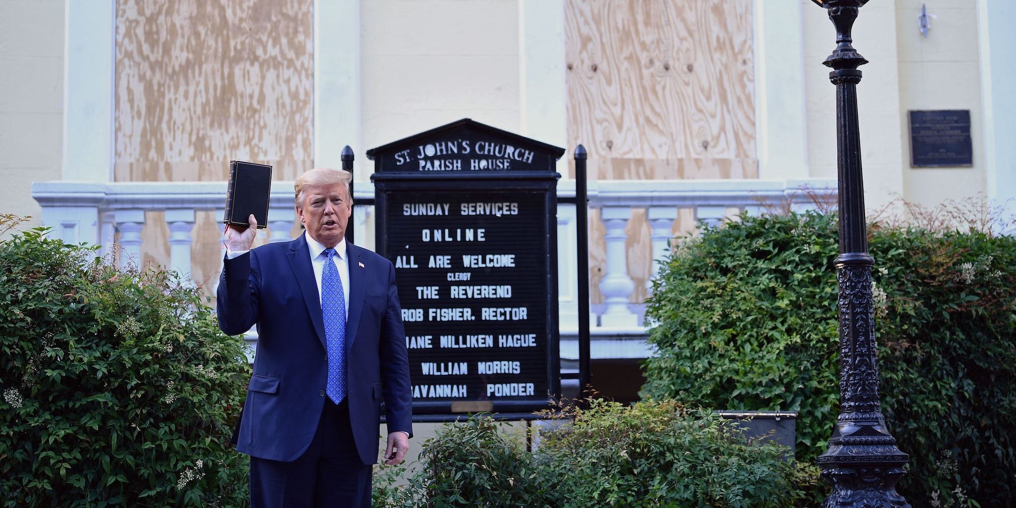 Former President Donald Trump holds up a Bible outside of St John's Episcopal church at Lafayette Park on June 1, 2020.