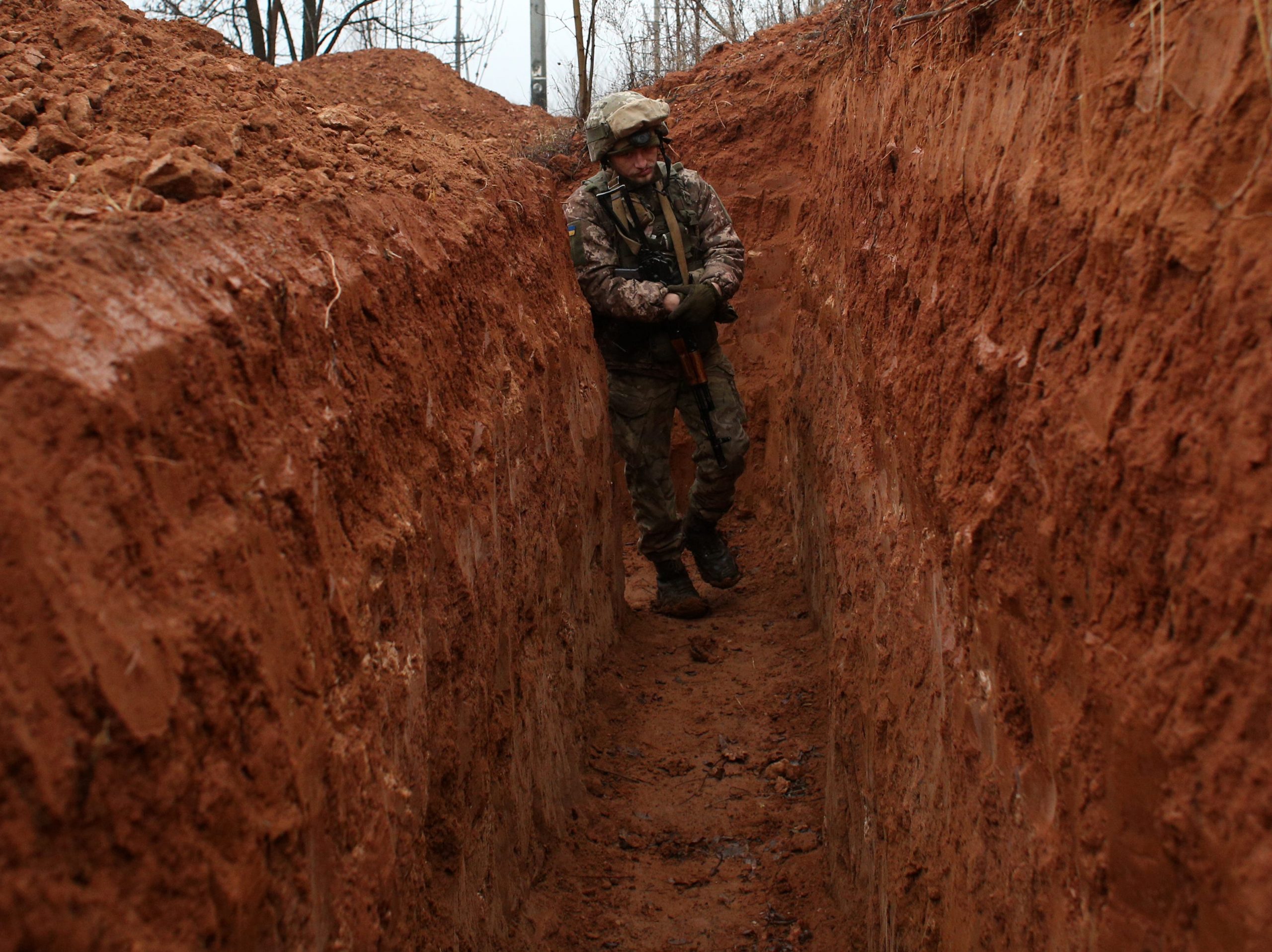 Ukrainian serviceman is seen in the shelter at the front line position not far from Donetsk town, which is not under the control of the Ukrainian government, Donetsk region, on November 28, 2021.