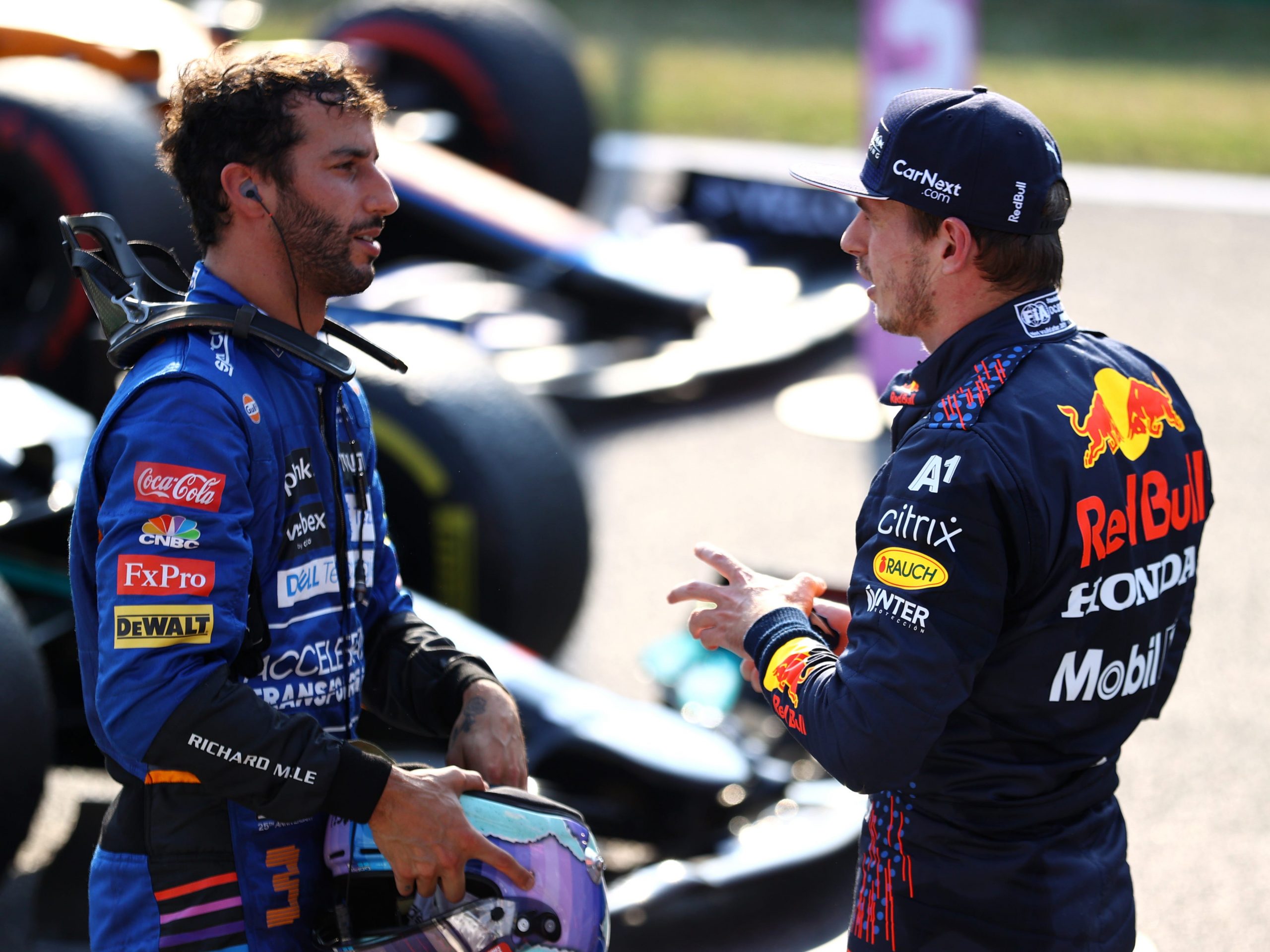 Daniel Ricciardo and Max Verstappen speak after sprint qualifying.