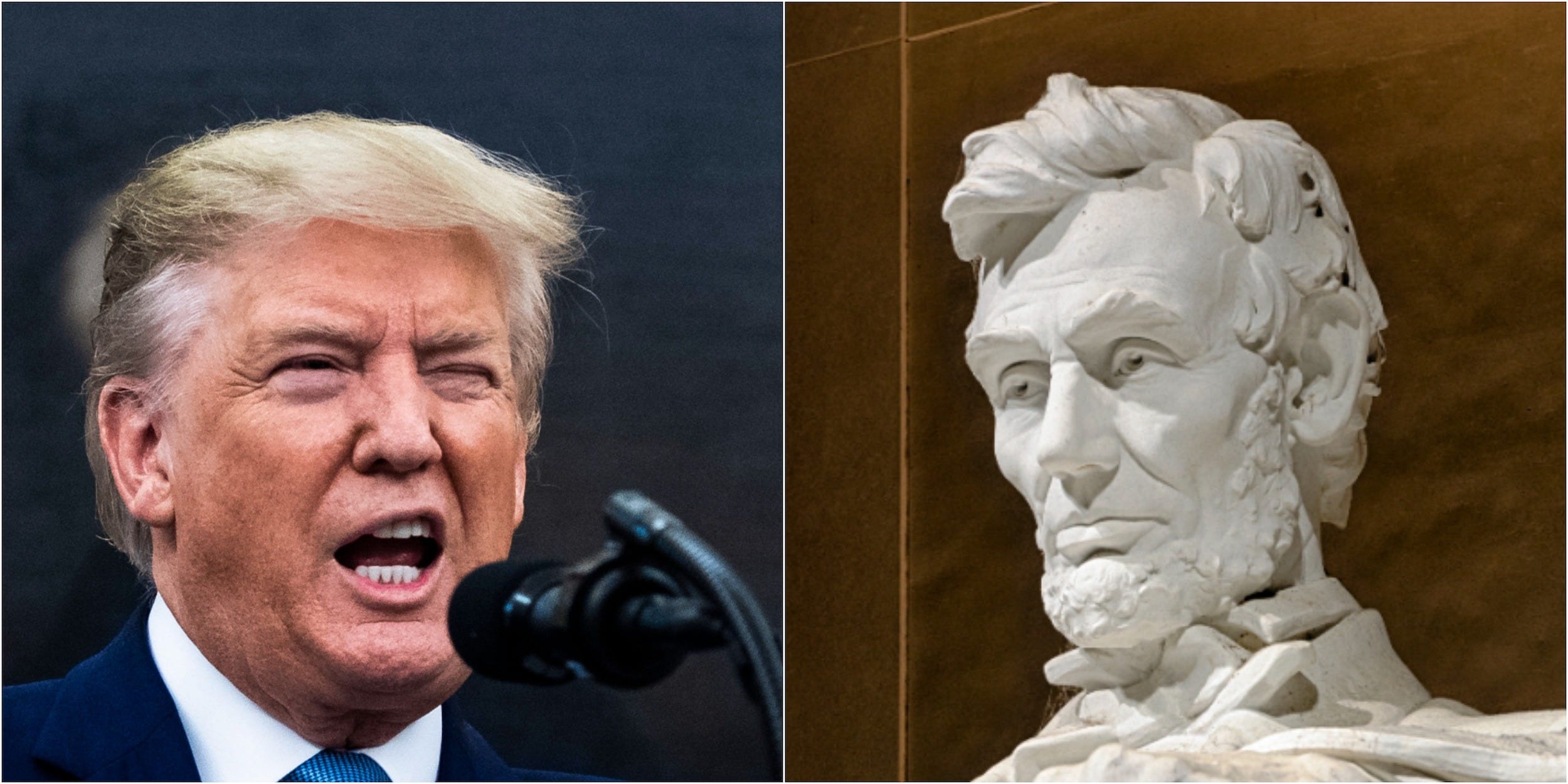 Collage: Trump with the bust of the Lincoln Memorial.