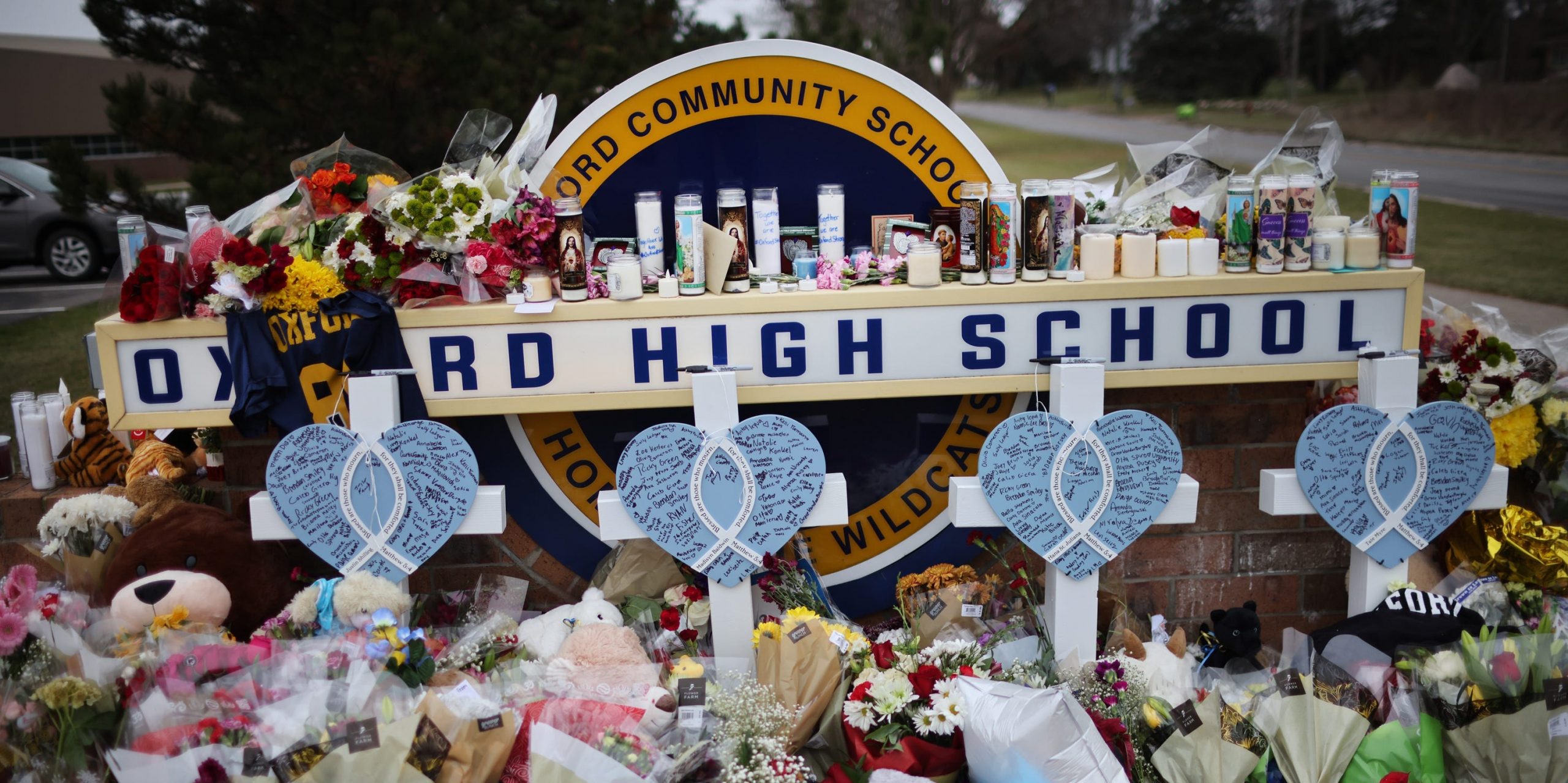 A memorial outside of Oxford High School continues to grow on December 03 2021 in Oxford, Michigan.