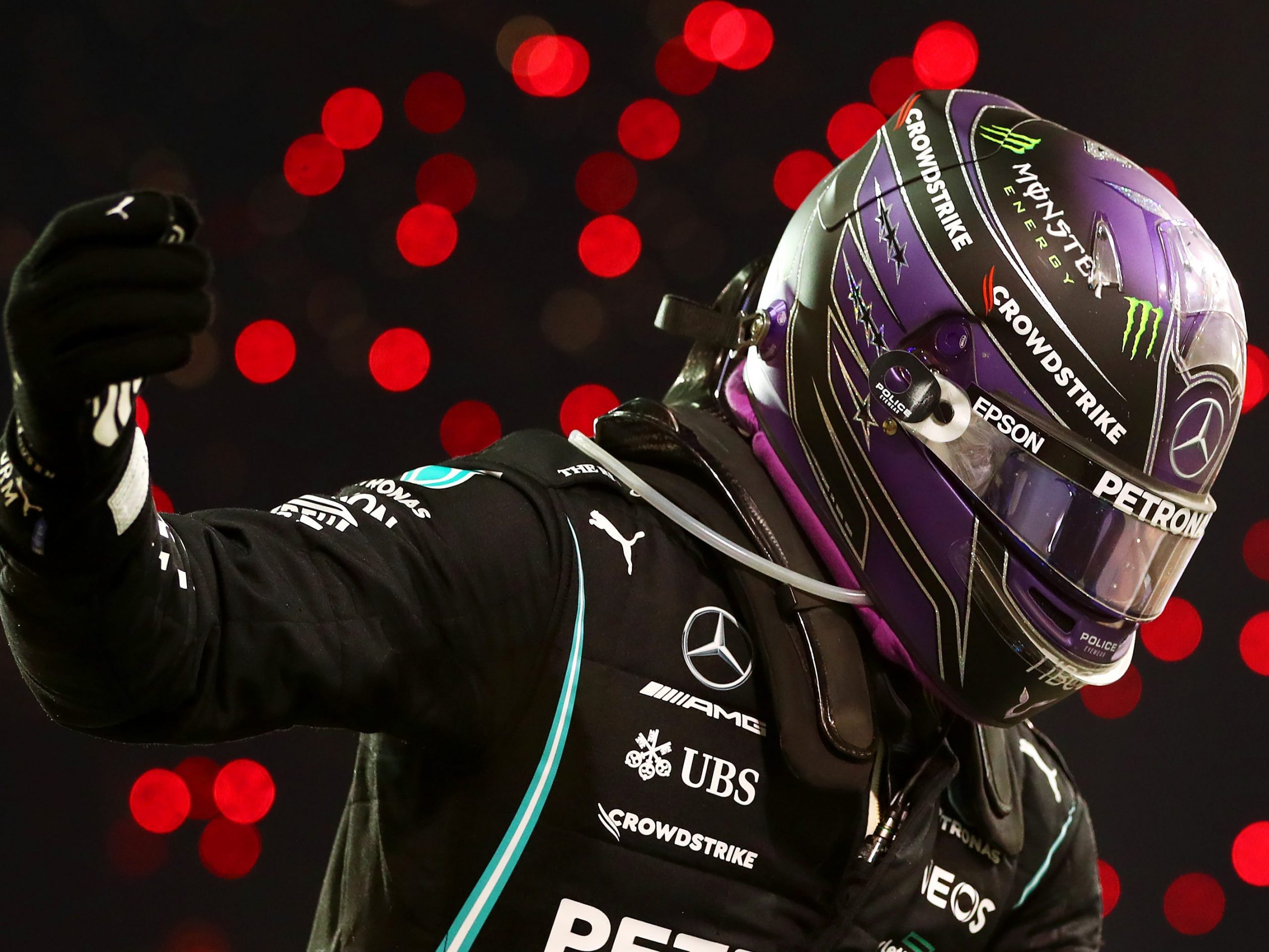 Lewis Hamilton celebrates after winning the Bahrain Grand Prix