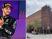 A side-by-side of Lewis Hamilton next to 443 Greenwich, a New York building where he previously owned a penthouse apartment