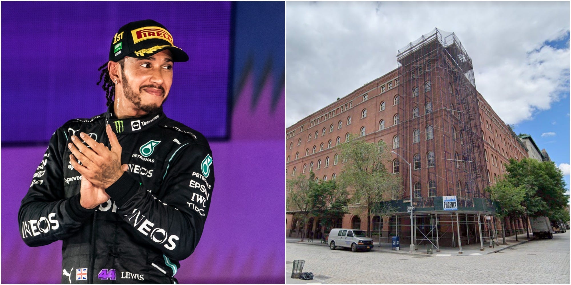 A side-by-side of Lewis Hamilton next to 443 Greenwich, a New York building where he previously owned a penthouse apartment.