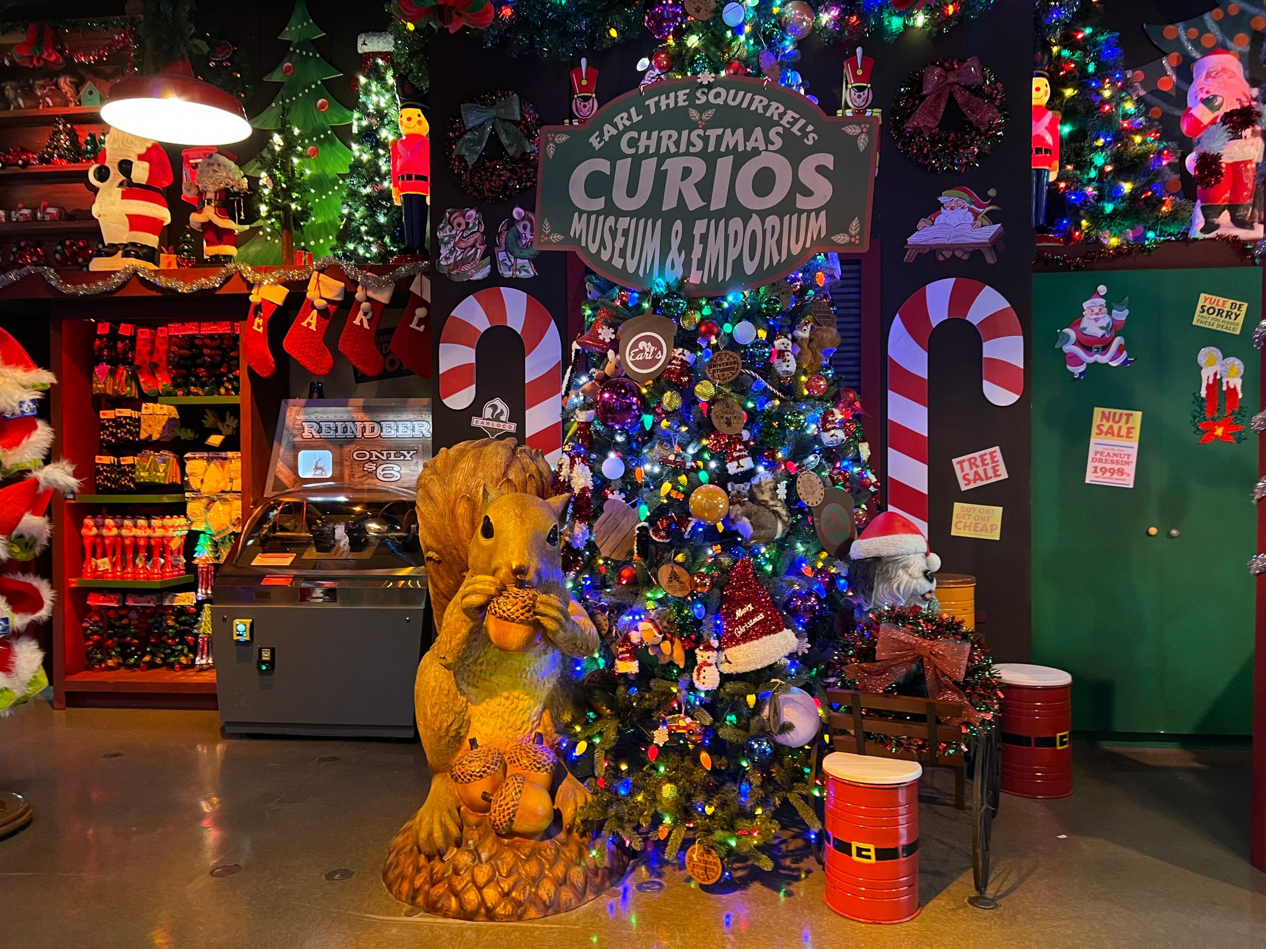 Earl the Squirrel's merchandise section, with a squirrel figurine and candy canes.