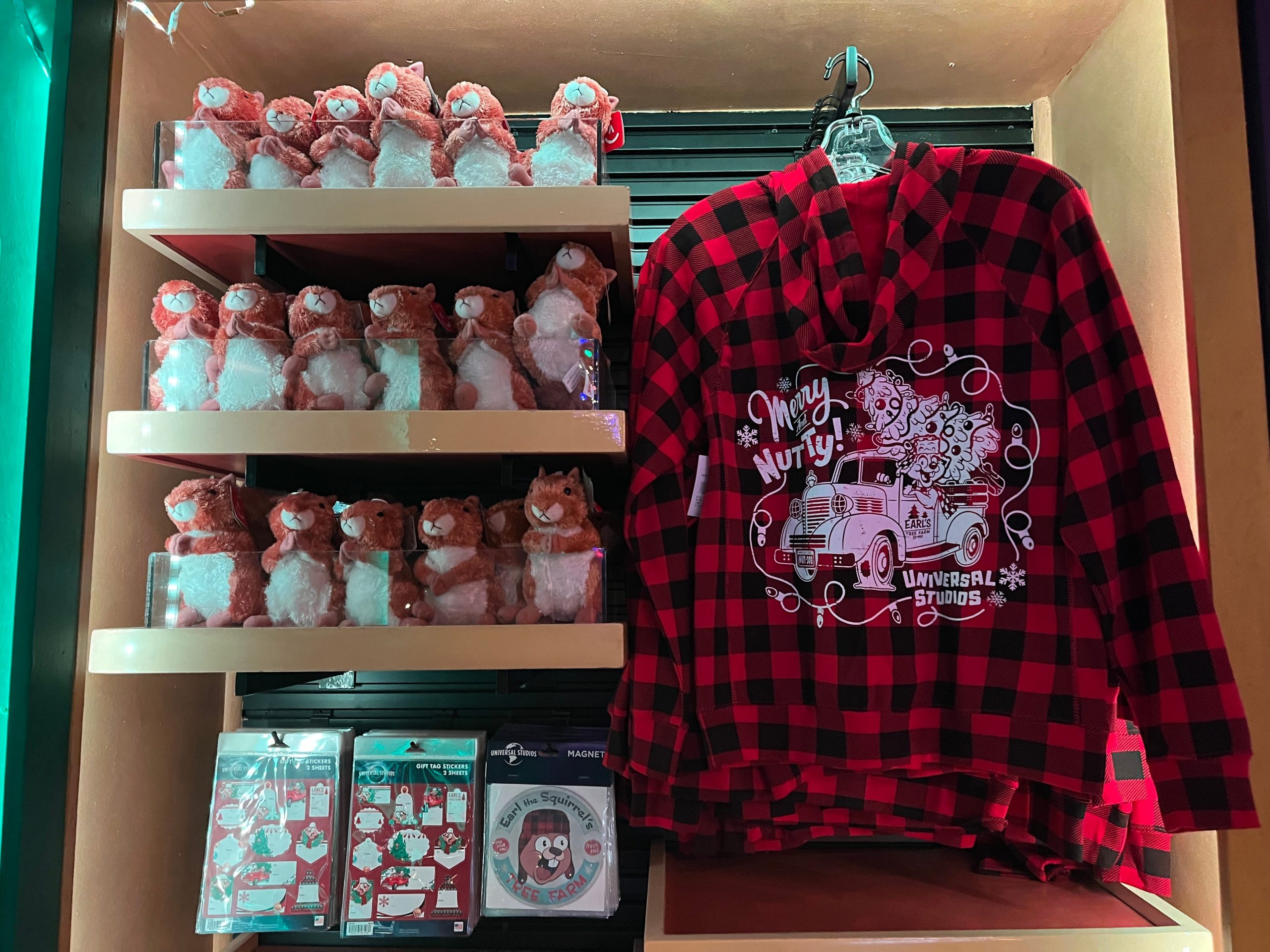 Earl the Squirrel's merchandise section, with timy squirrel figurines and a sweater.