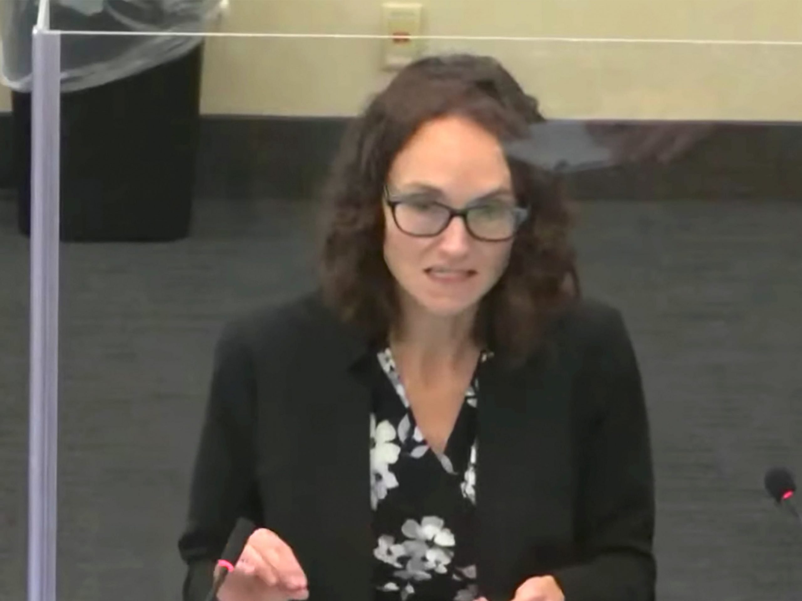 In this screen grab from video,Prosecutor Erin Eldridge delivers the state's opening statement as Hennepin County Judge Regina Chu presides over court Wednesday, Dec. 8, 2021, in the trial of former Brooklyn Center police Officer Kim Potter in the April 11, 2021, death of Daunte Wright, at the Hennepin County Courthouse in Minneapolis, Minn.