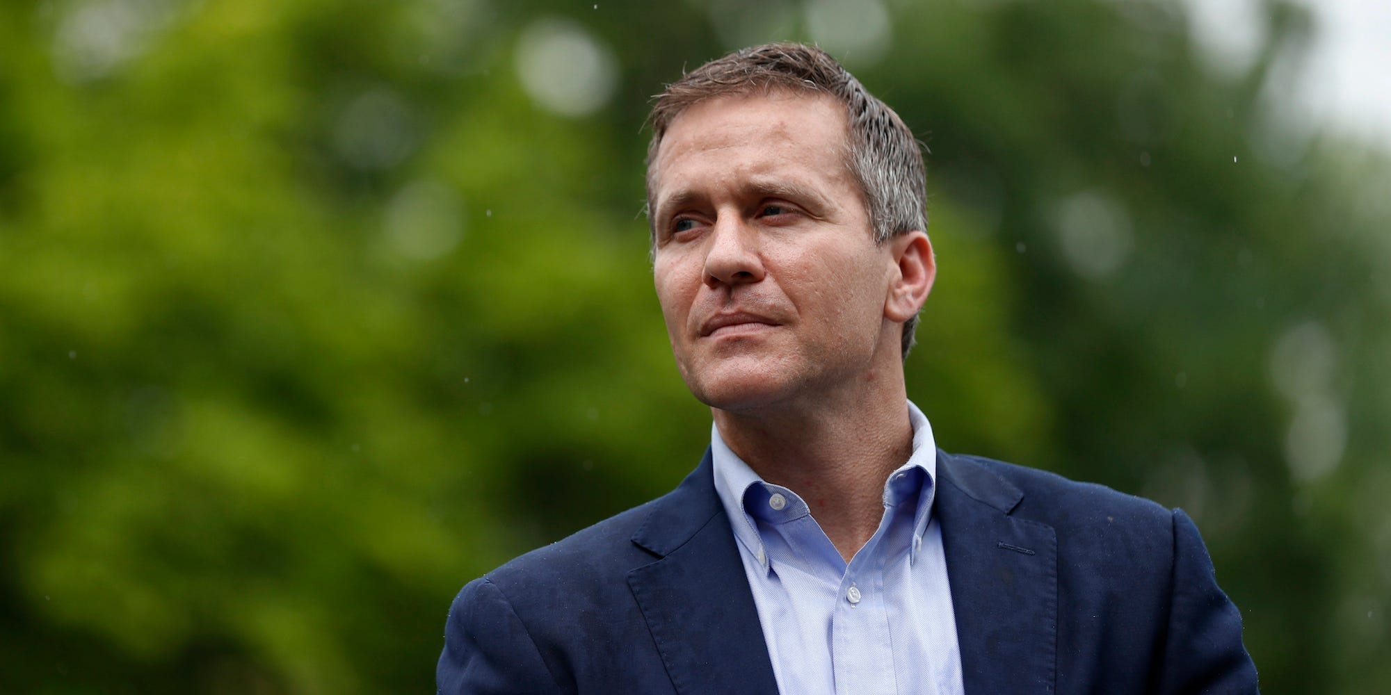 Then Missouri Gov. Eric Greitens waits to deliver remarks to a small group of supporters near the capitol in Jefferson City, Mo. in this May 17, 2018 file photo.