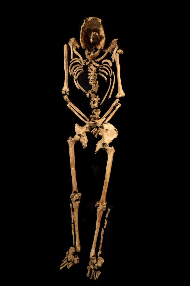Crucified skeleton displayed.