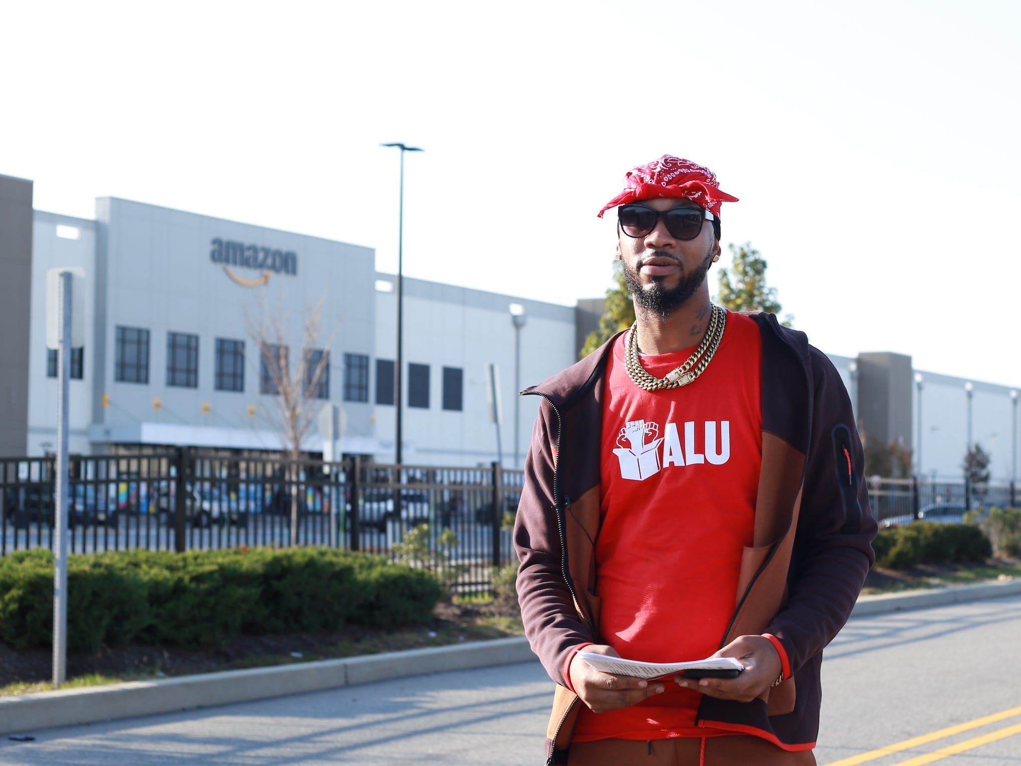 Former Amazon worker Chris Smalls in front of Amazon's JFK8 warehouse in Staten Island on November 25, 2021.