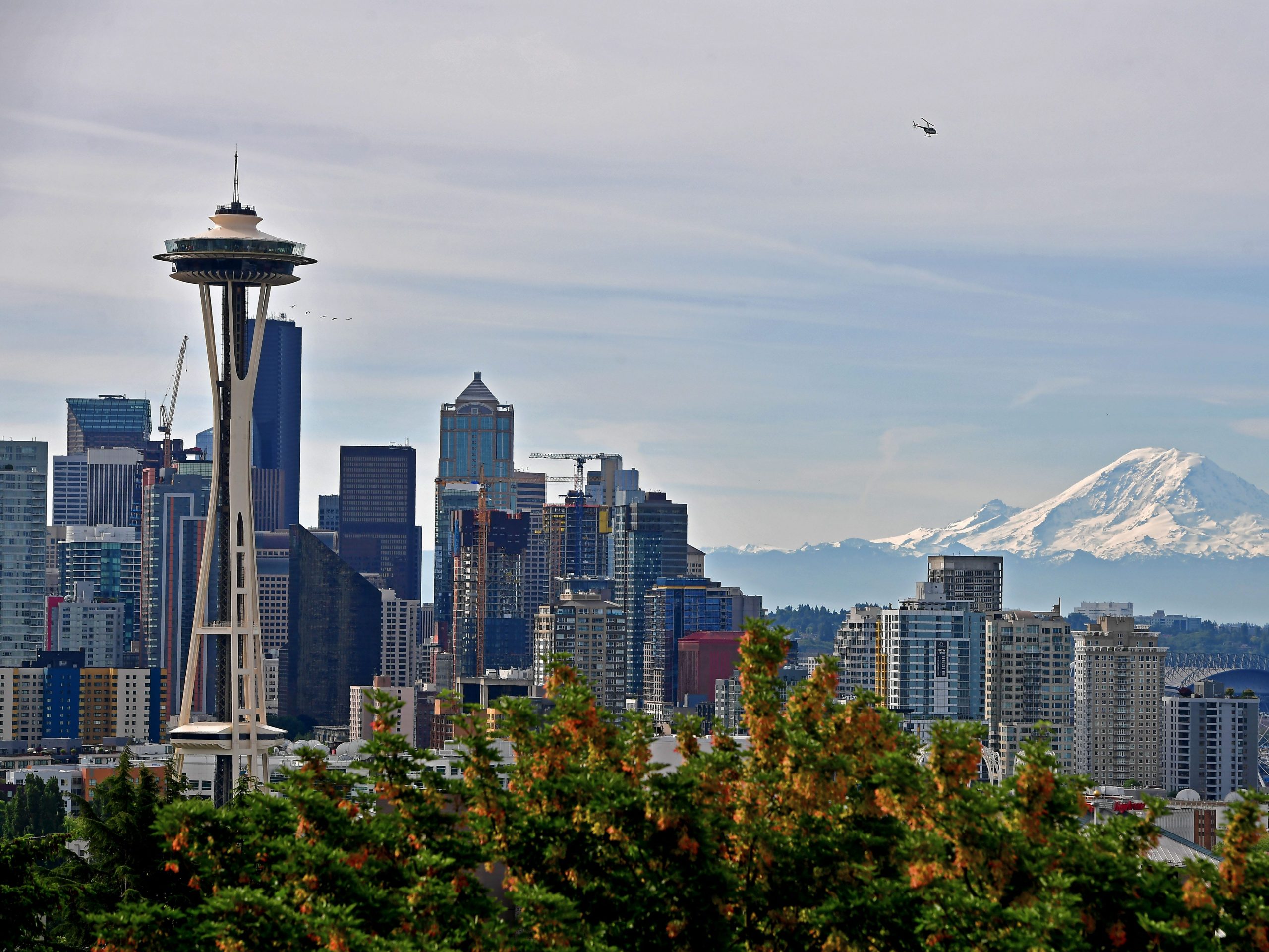 A general view of the Seattle Skyline and Mount Rainier from Kerry Park during the 2019 Rock'n'Roll Seattle Marathon and 1/2 Marathon on June 9, 2019 in Seattle, Washington