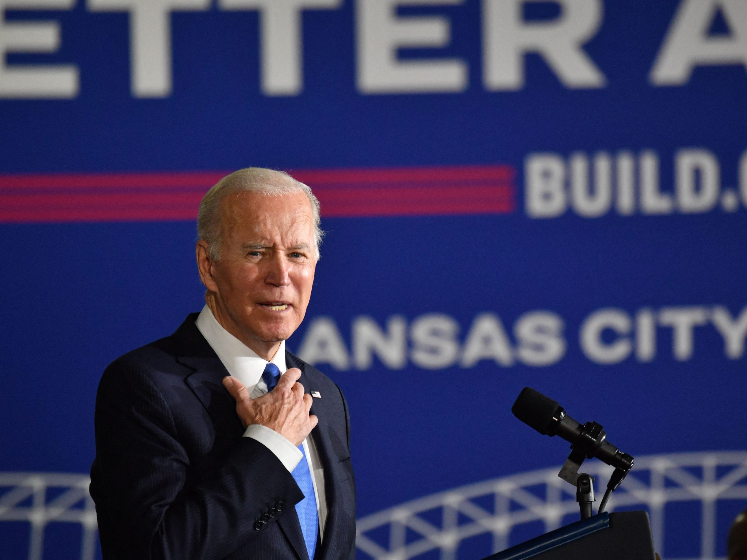 US President Joe Biden speaks about the Infrastructure Law while visiting the Kansas City Area Transportation Authority in Missouri on December 8, 2021.