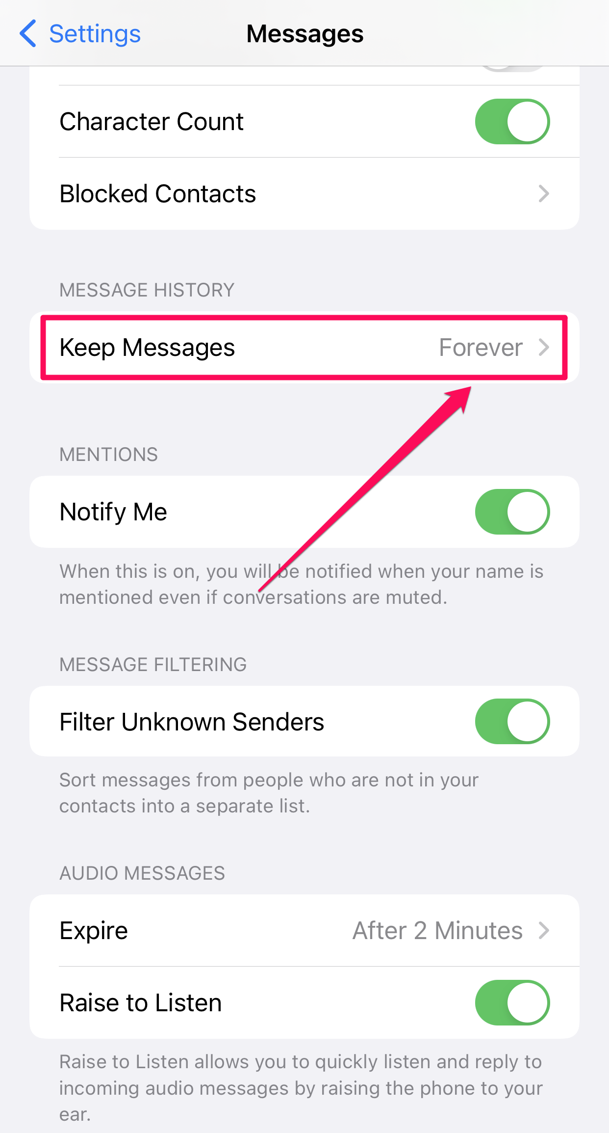Messages settings in the Settings app on iPhone.