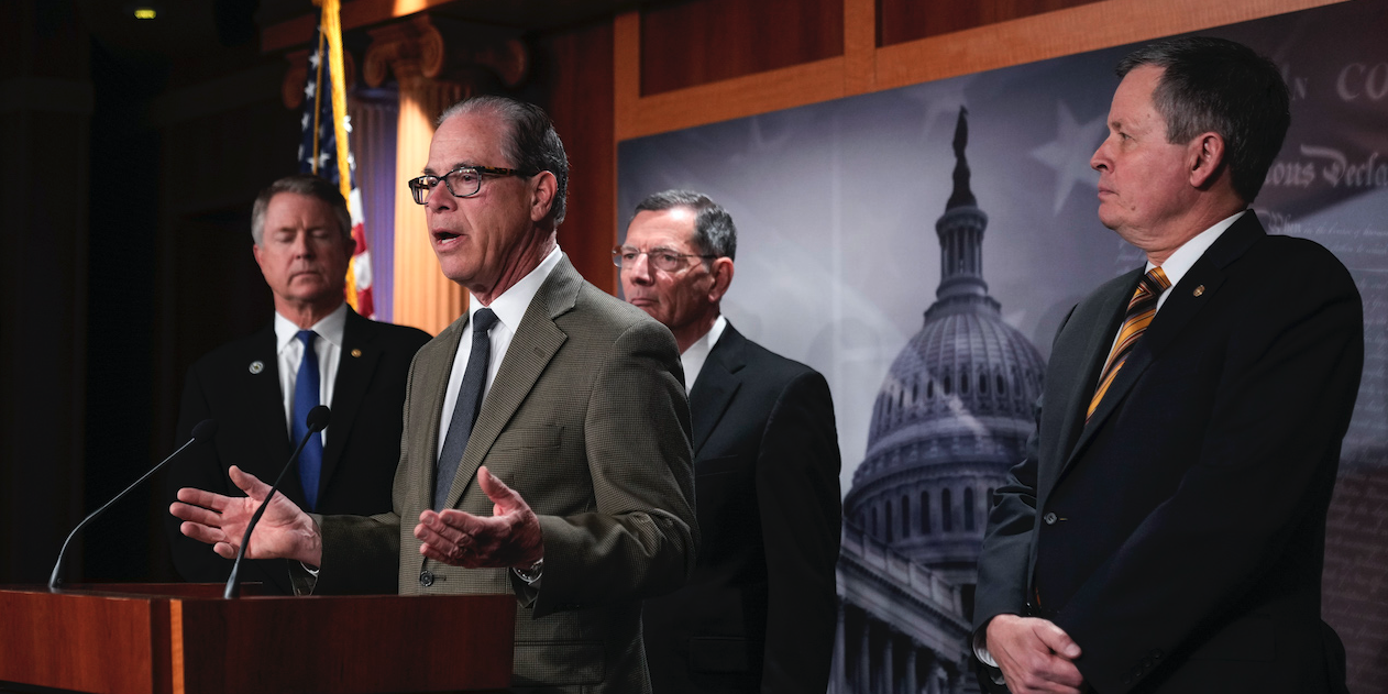 Sen. Mike Braun (R-IN) speaks during a news conference about Covid-19 vaccine mandates, at the U.S. Capitol December 8, 2021 in Washington, DC.