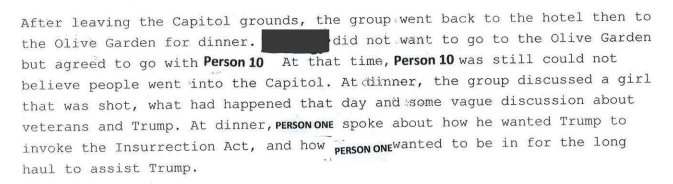 Screenshot of paragraph in FBI interview transcript from investigation into Oath Keepers at Capitol riot.