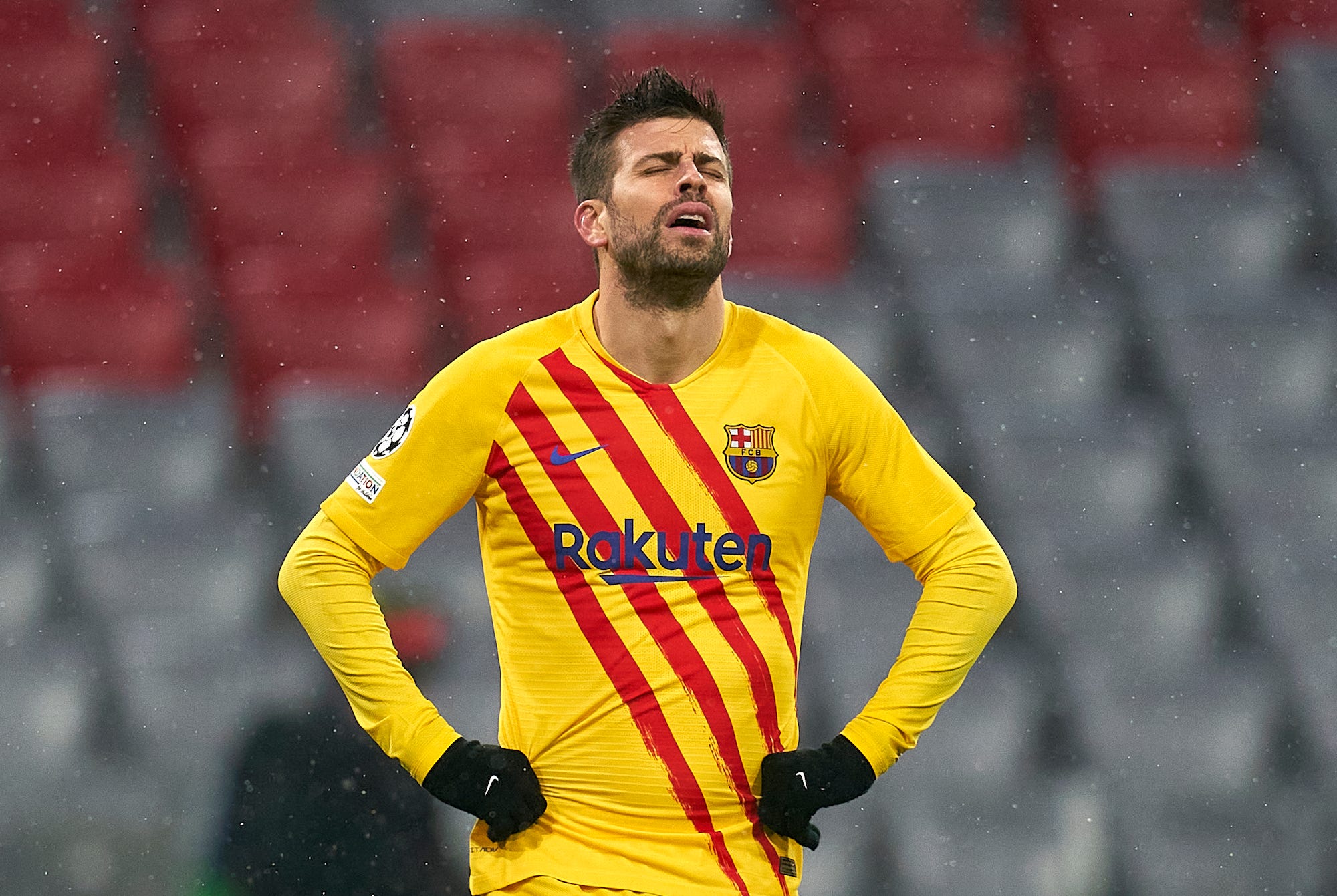 Gerard Pique of FC Barcelona reacts during the UEFA Champions League group E match between FC Bayern München and FC Barcelona at Football Arena Munich