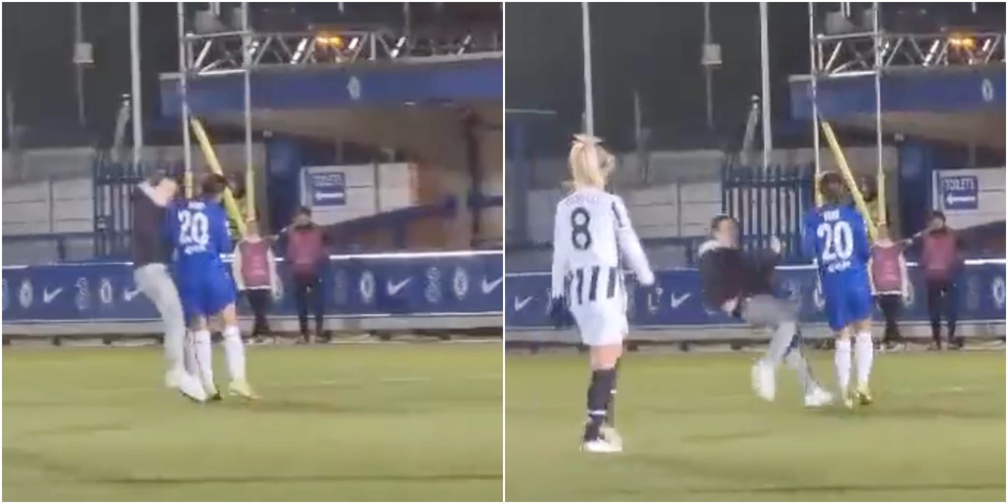 Sam Kerr shoulder charges a pitch invader during a Champions League match between Chelsea and Juventus