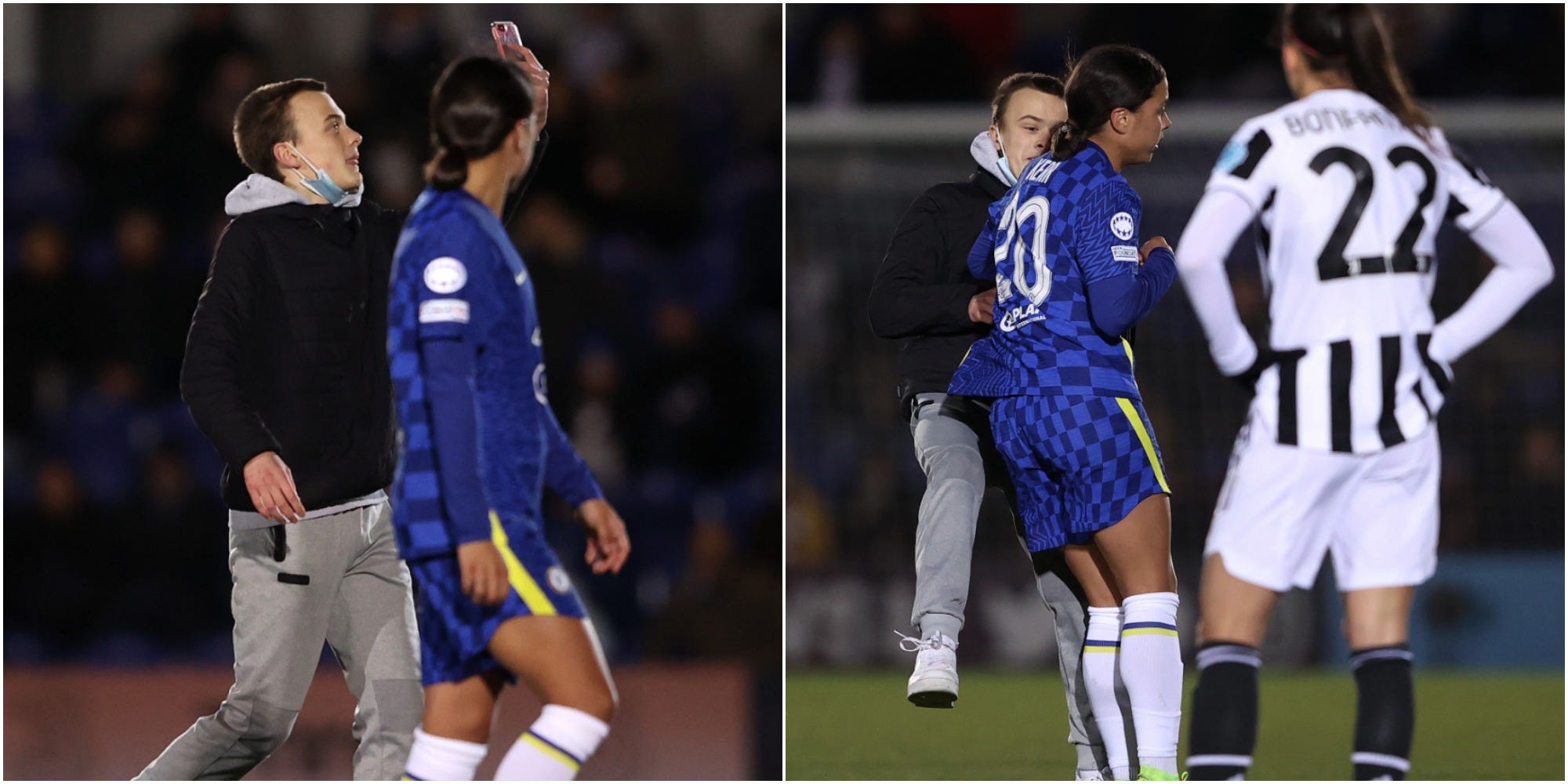 A side-by-side image shows Chelsea's Sam Kerr taking out a pitch invader with a shoulder charge.