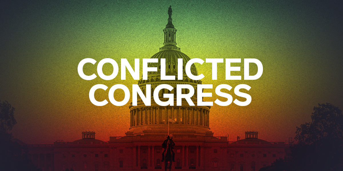 Capitol building with a gradient of green, yellow, and red overlayed on top and the words Conflicted Congress.